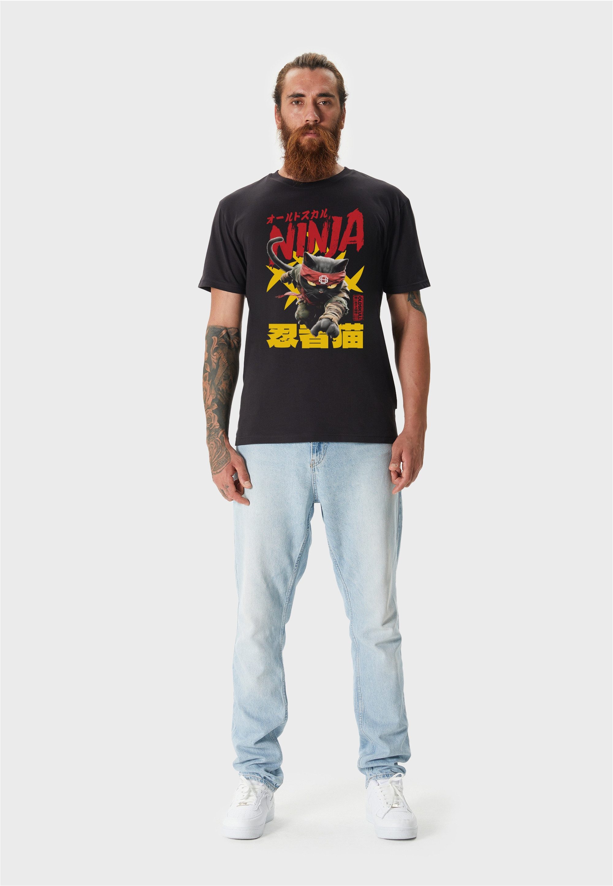 Oldskull T-Shirt Asian Ninja Cat Graphic mit modern gestaltetem, fernöstlichem Motiv