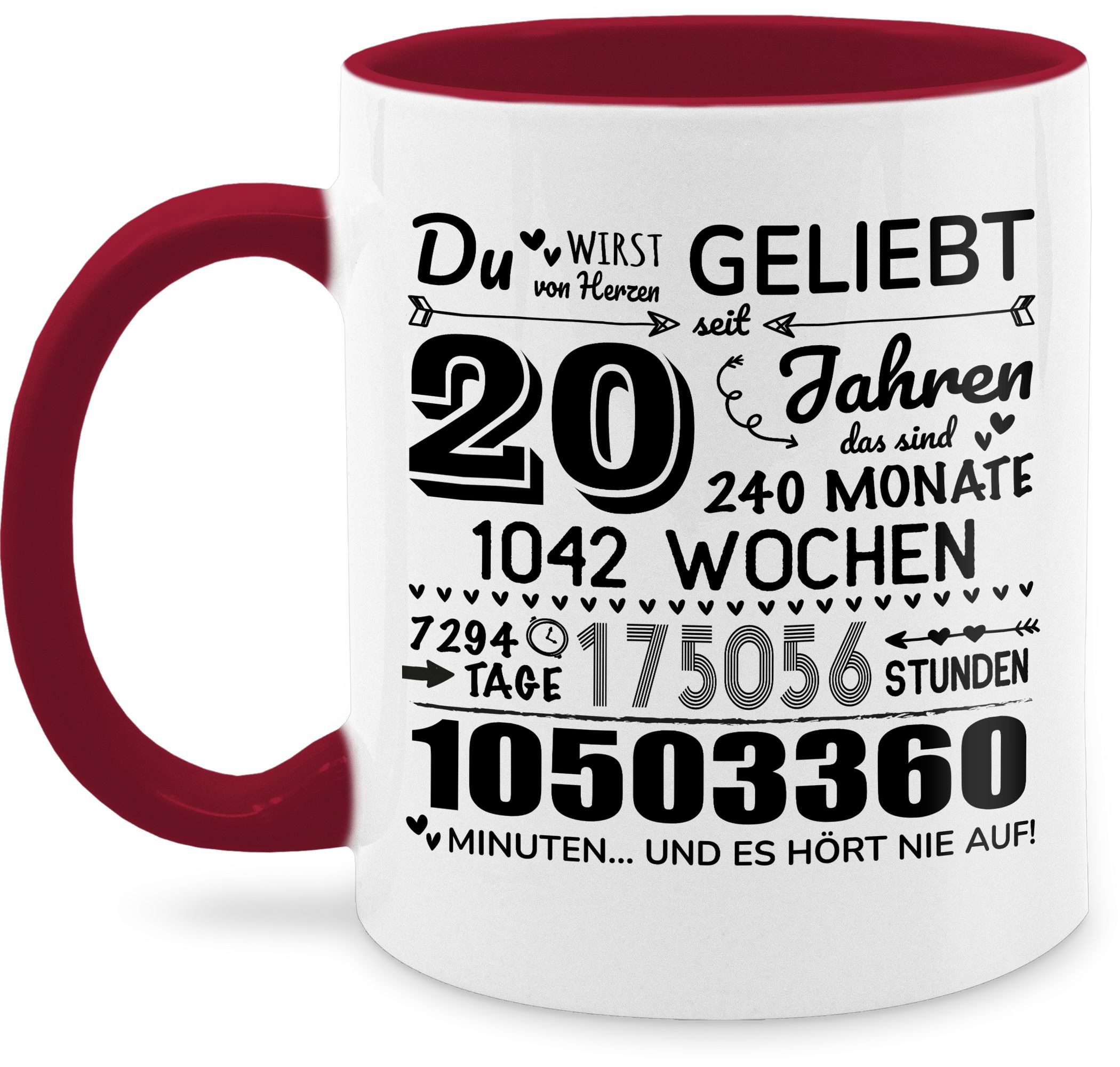 Shirtracer Tasse 20 Jahre - Du wirst von Herzen geliebt, 20. Geburtstag, 20 Jahre Geb, Keramik, 20. Geburtstag Tasse
