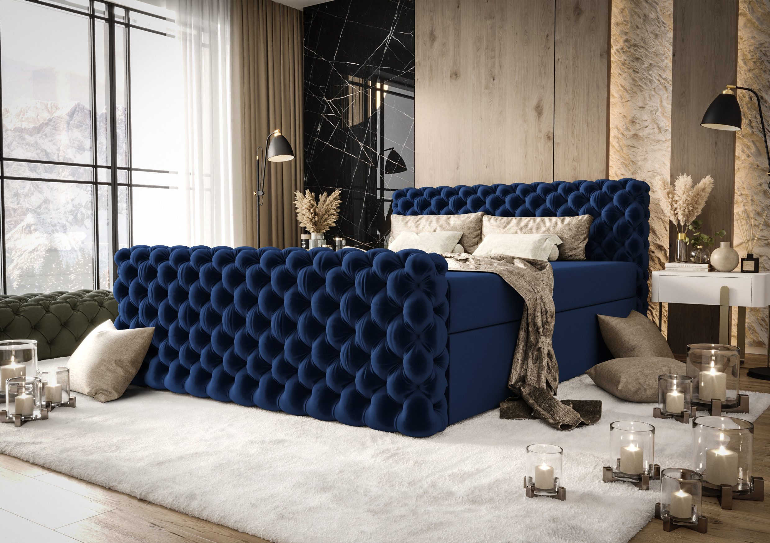 B&B Home Boxspringbett Boxbett Figo IV 180 cm 200 cm (inkl zwei Bettkästen, Multipocket-Matratze und Topper, Chesterfield)