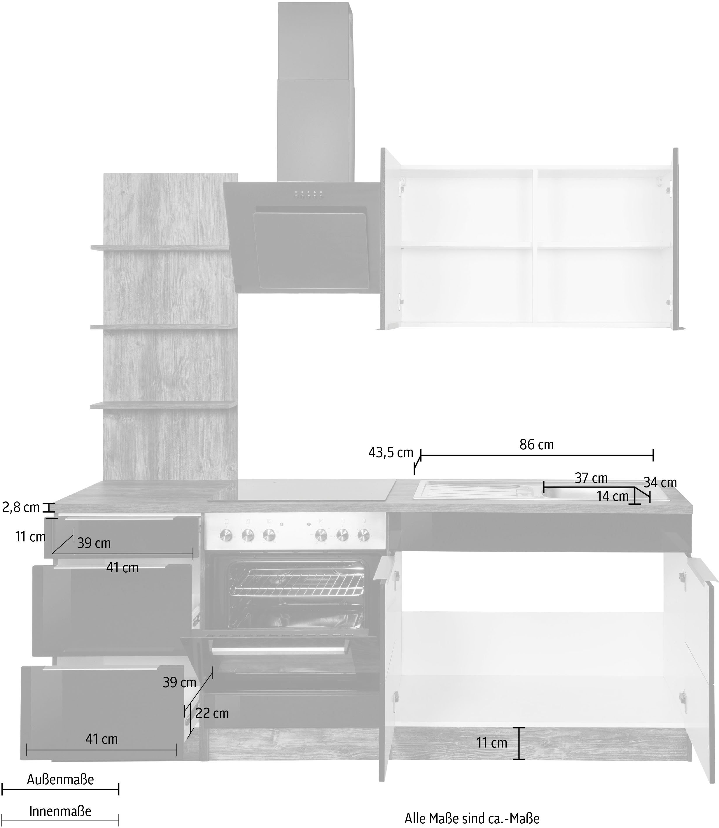 HELD MÖBEL Küchenzeile Brindisi, mit 210 cm | Hochglanz/eiche E-Geräten, vintage schwarz vintage eiche Breite