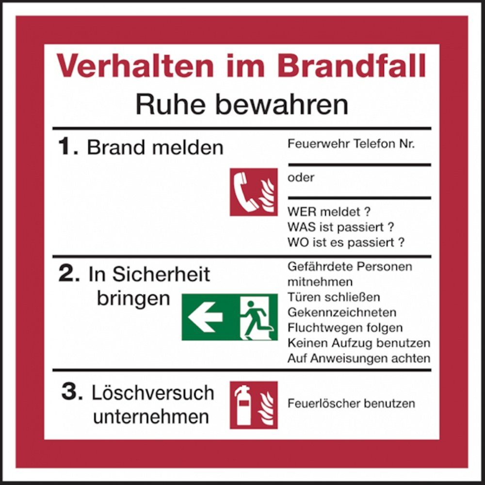 Hinweisschild Verhalten im Brandfall für Rettungspläne