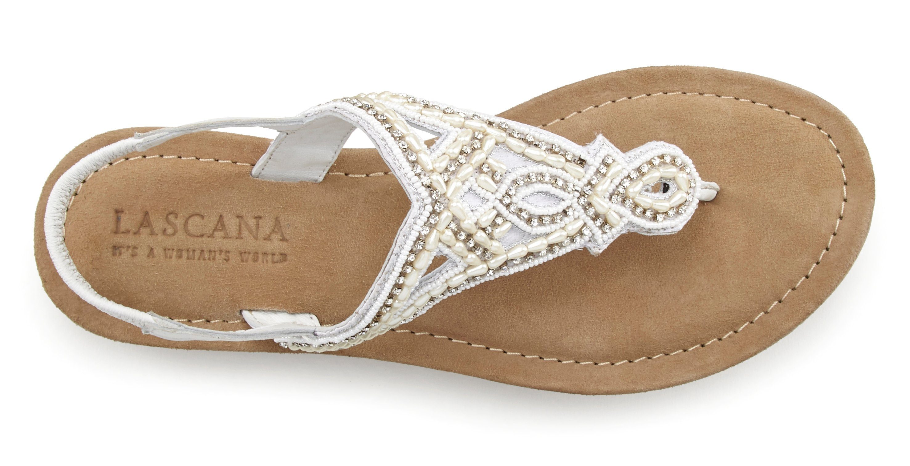 Pantolette Perlen Sandale, Steinchen Zehentrenner LASCANA besetzt mit und weiß