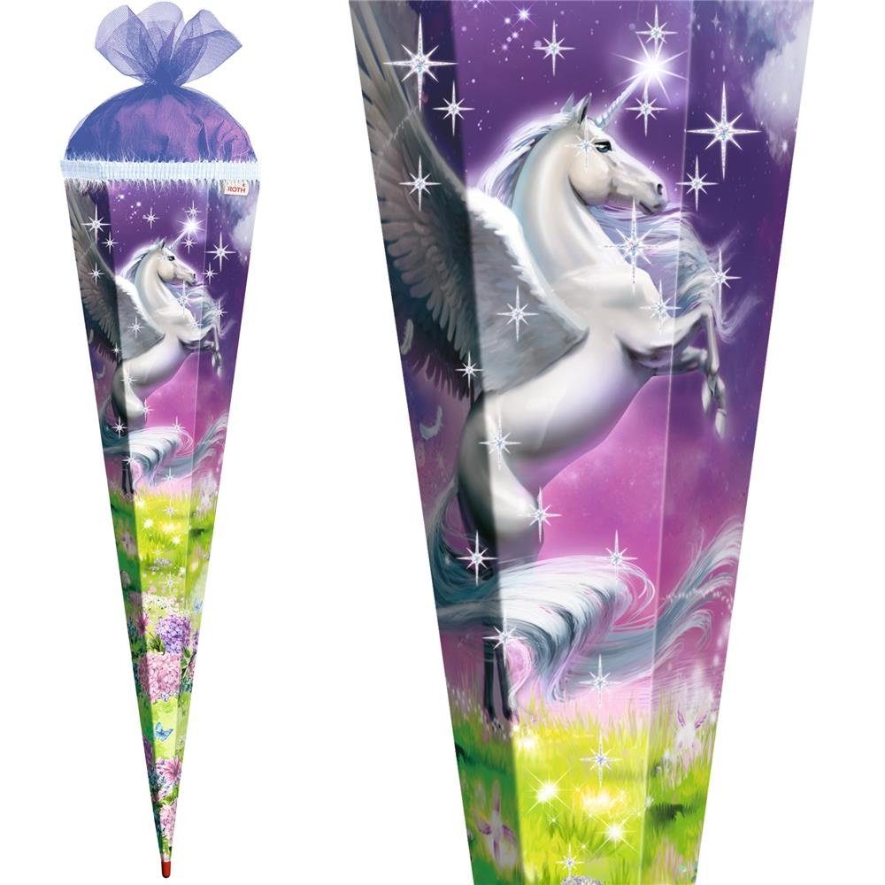 Roth Schultüte Magic Pegasus mit Glitter und Glitzerborte, 85 cm, eckig, mit lilafarbigem Tüllverschluss, Rot(h)-Spitze