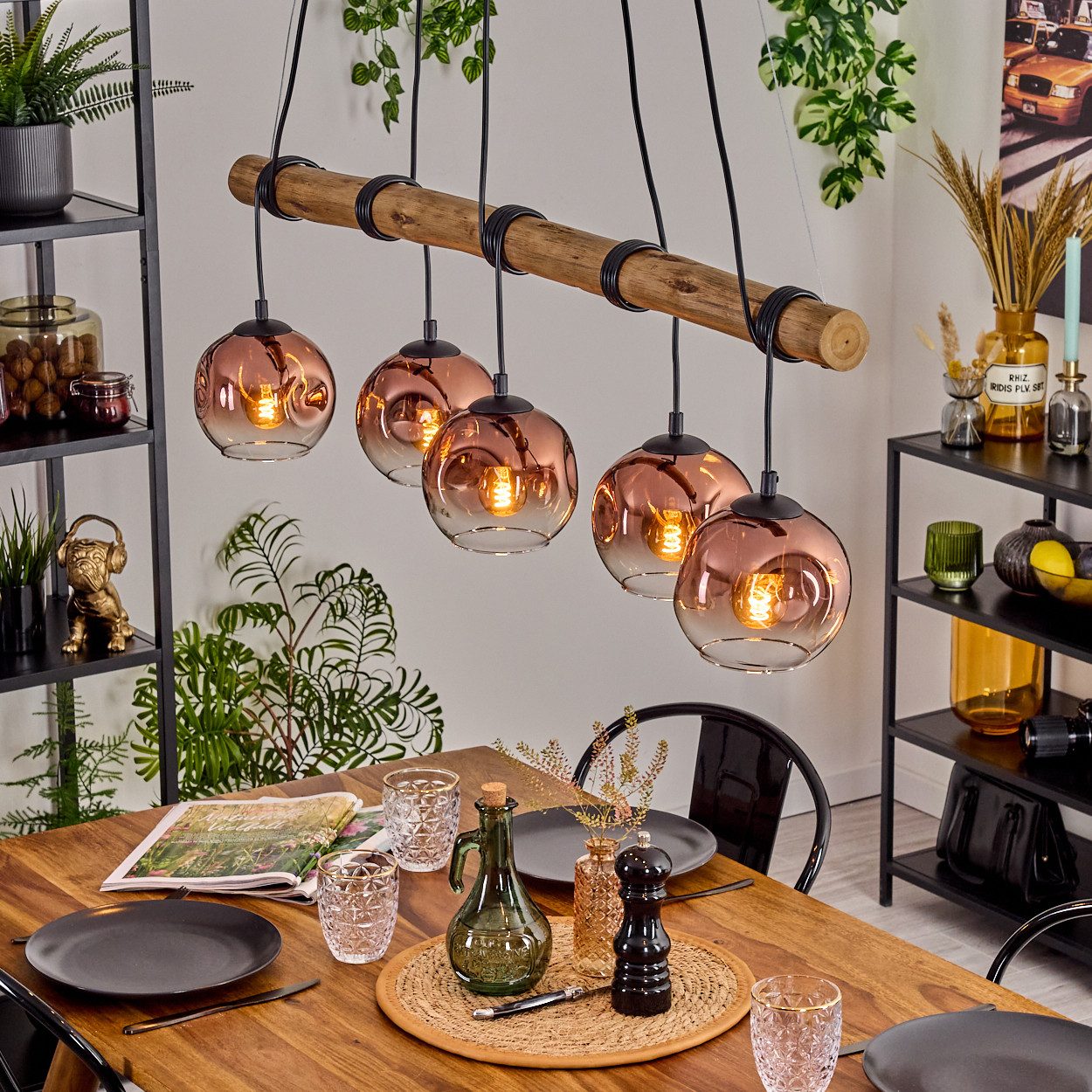 hofstein Pendelleuchte Hängelampe aus Metall/Holz/Glas in Schwarz/Natur/Kupferfarben/Klar, ohne Leuchtmittel, Hängeleuchte Retro/Boho mit Glasschirmen und Holzbalken, 5 x E27