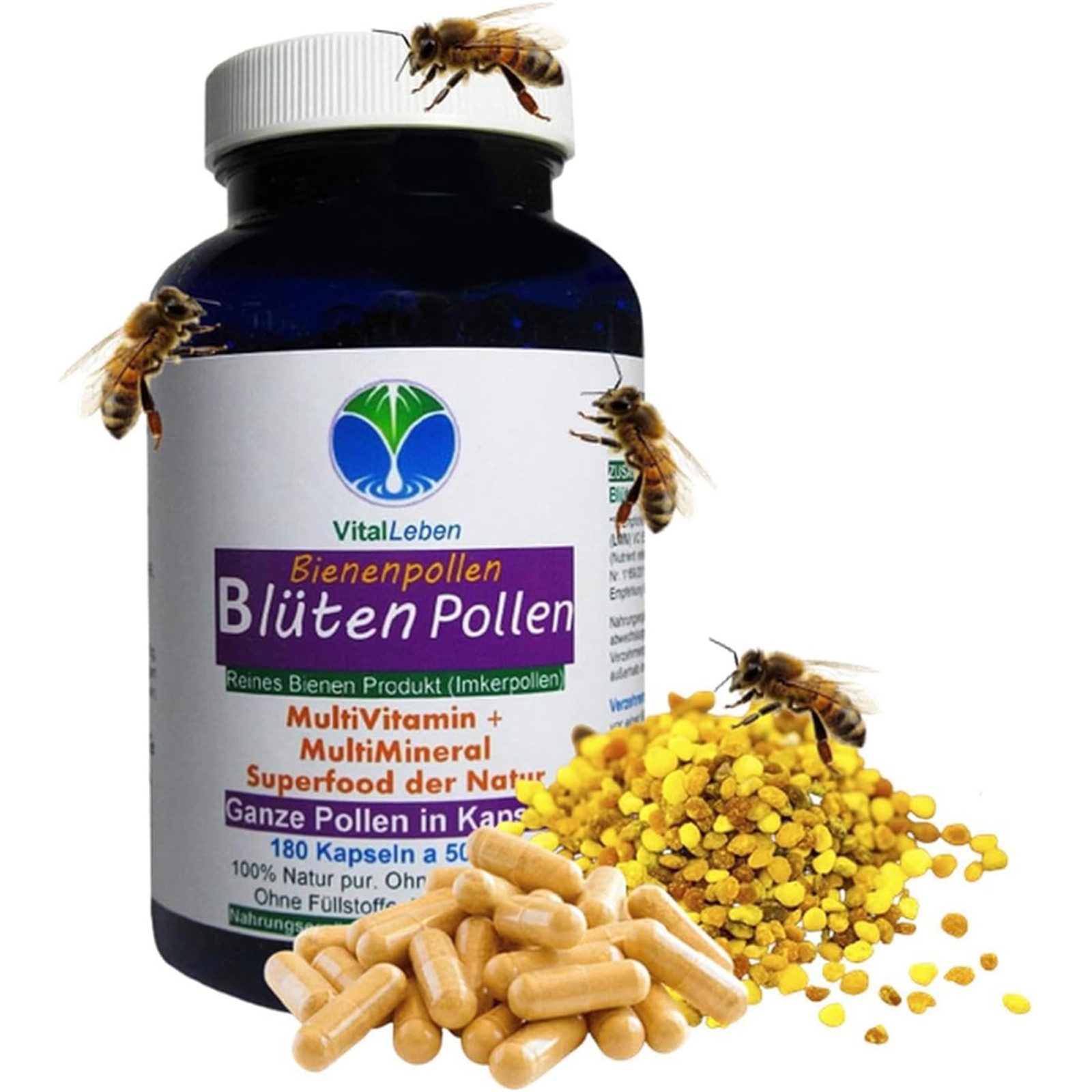 VitalLeben BLÜTENPOLLEN - GANZE Bienenpollen Multi-Vitamin & Multi-Mineral Kapseln, 1 er Dose à 180 St., 90 g, Art. 26925-180