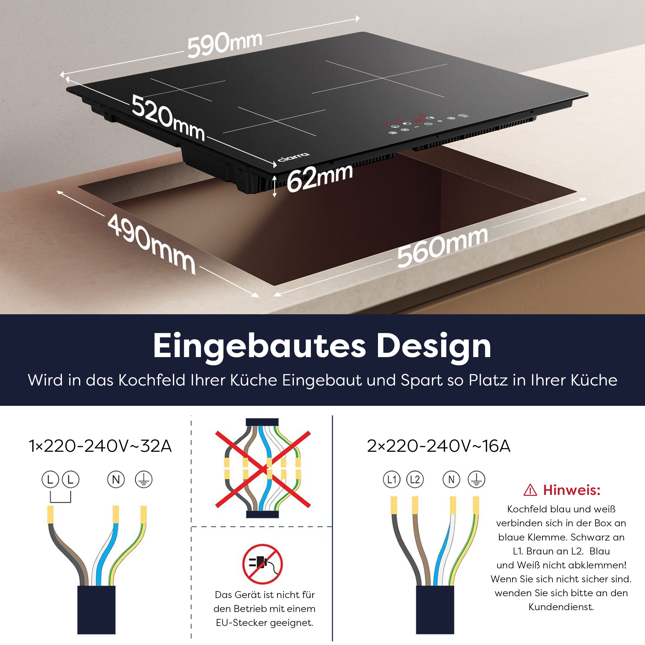 CIARRA Induktions-Kochfeld 60 cm Induktionskochfeld 9 Stufen mit Stop & Go Funktion Touch Control 6200 W VM3BIH, 3-Zonen Einbau-Kochfelder Induktionsherd mit Boost & Timer