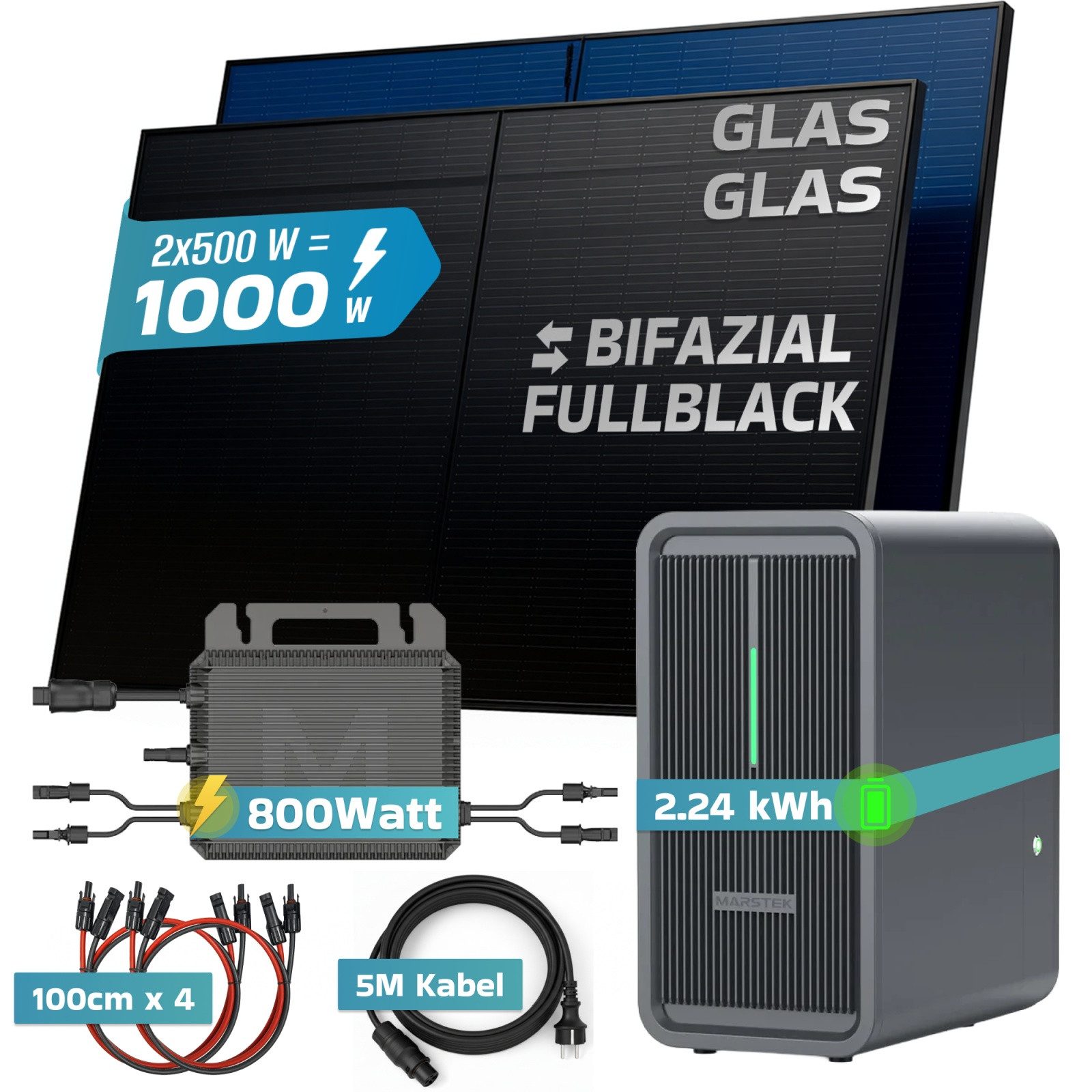 SUNNIVA Balcony Power Plant 1000W with 2.24 kWh Storage MARSTEK B2500-D, (BIFAZIAL FULLBLACK complete socket, PV solar system complete set with solar storage, 2x 500W N-Type glass-glass bifacial modules)