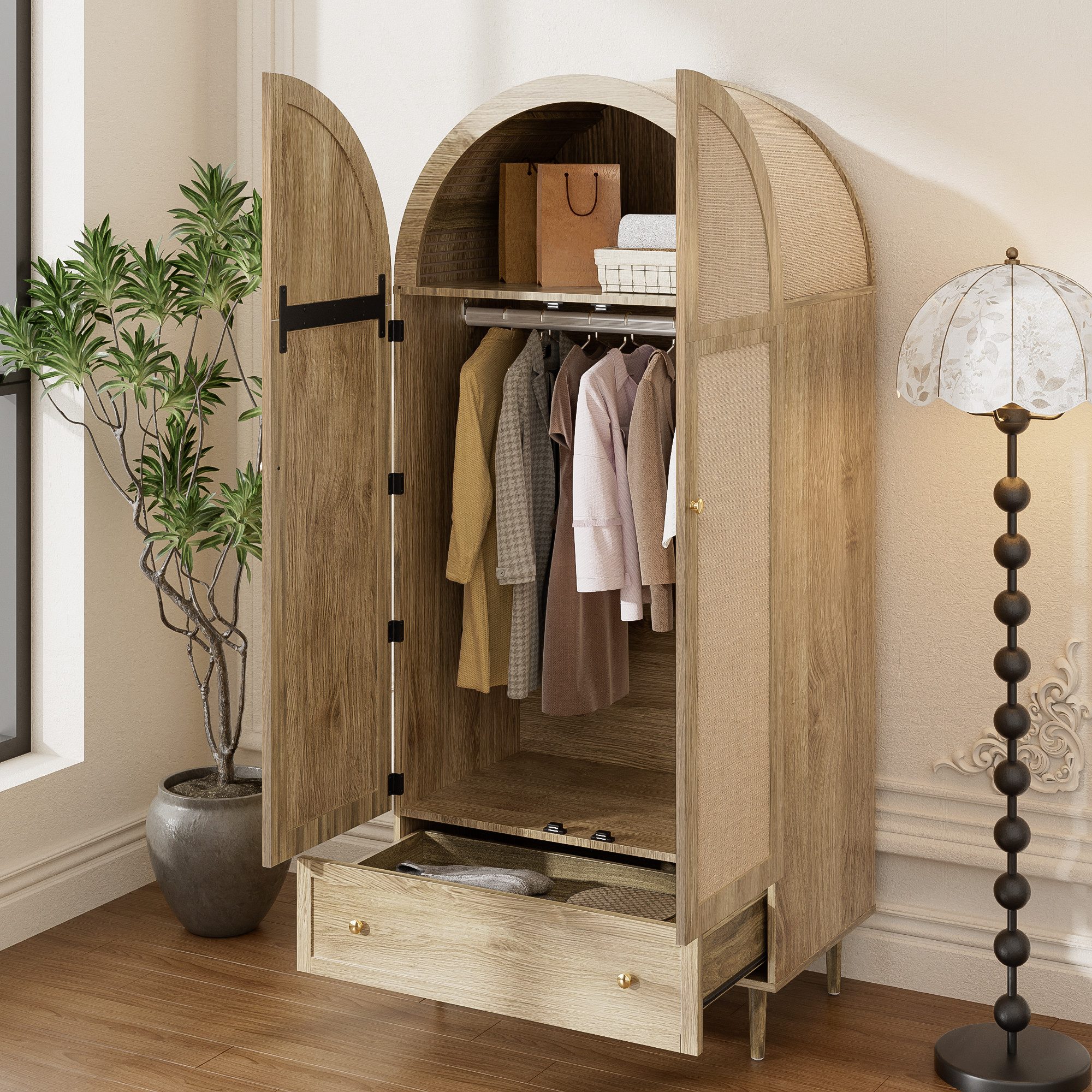 STILVORA Kleiderschrank mit Stofftüren&Schublade,Garderobe Aufbewahrungsschrank in Holzoptik (1-St)