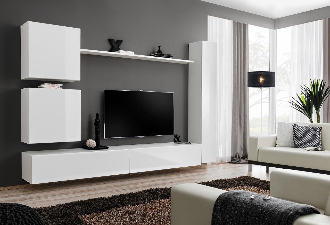 JVmoebel Wohnzimmer-Set Weiß Luxus Wohnwand Wohnzimmer Möbel Designer TV-Ständer Wandregal, (7-St., 1x Wohnwand + 2x TV Ständer + 3x Wandschrank + 1x Wandregal), Made in Europa