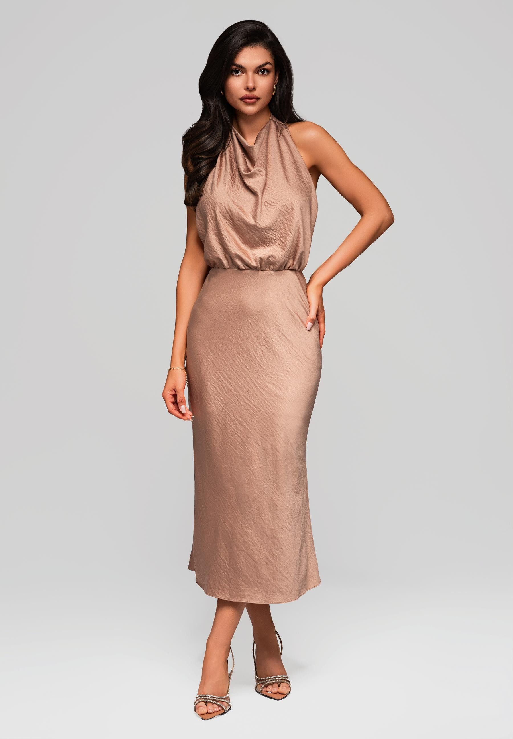 OMBRE Abendkleid Midi-Halterkleid mit Wasserfall-Ausschnitt