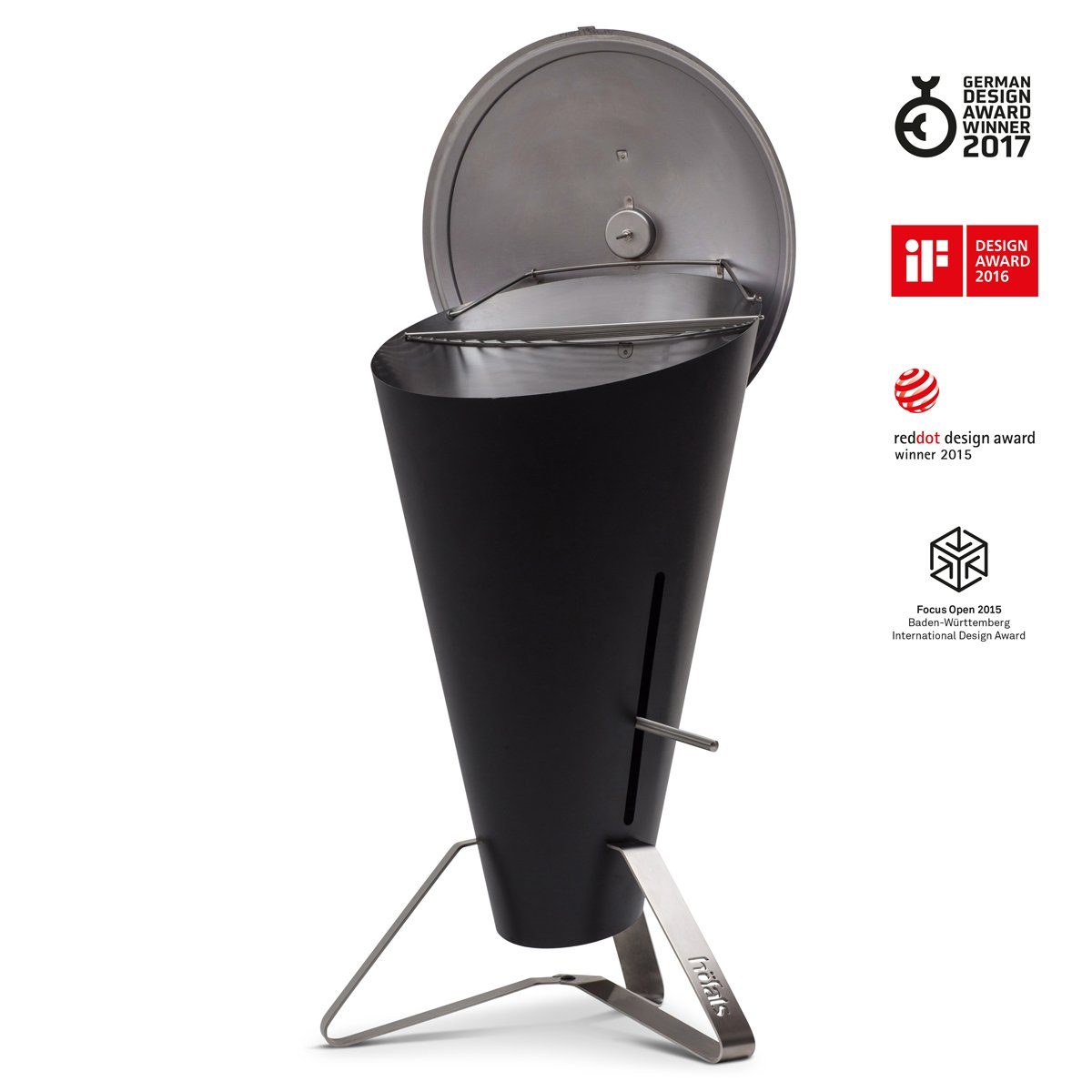 höfats Holzkohlegrill CONE, Grill und Feuerkorb mit Deckel und Thermometer, stufenlose Regulierung der Hitze und Luftzufuhr, Grillen auf zwei Ebenen, Design-Grill aus Edelstahl, 60 x 60 x 105 cm