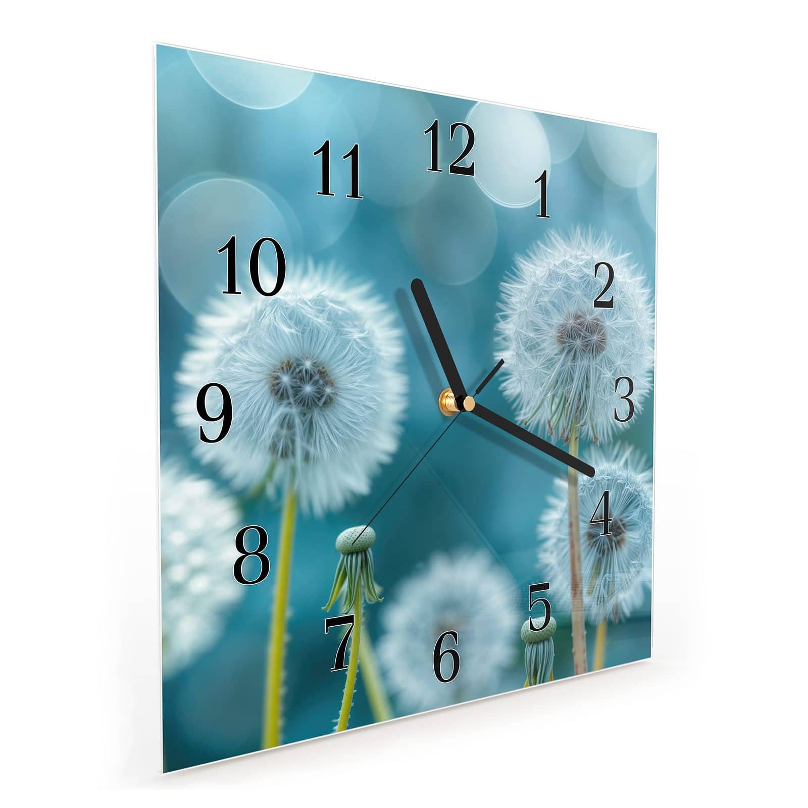 Wanduhr Glasuhr Wanduhr Wandkunst Größe 30 x 30 cm mit Motiv Löwenzahnwiese