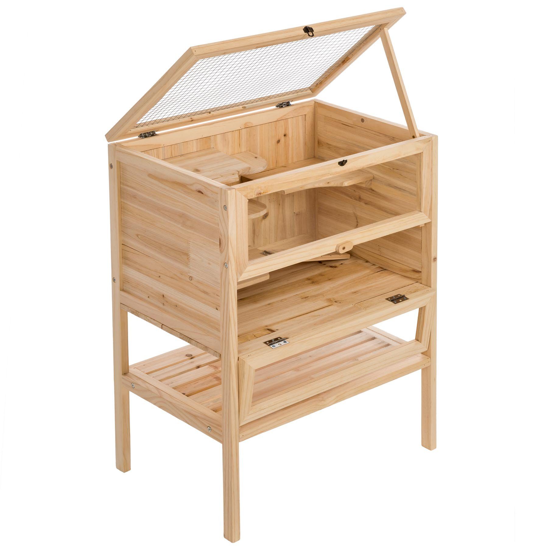 tectake Kleintierkäfig Nagerkäfig, 60 x 40 x 80 cm, aus Holz, mit 4 Etagen und einer Rampe, Große Plexiglasscheiben, aufklappbares Dachgitter, Ablage unten