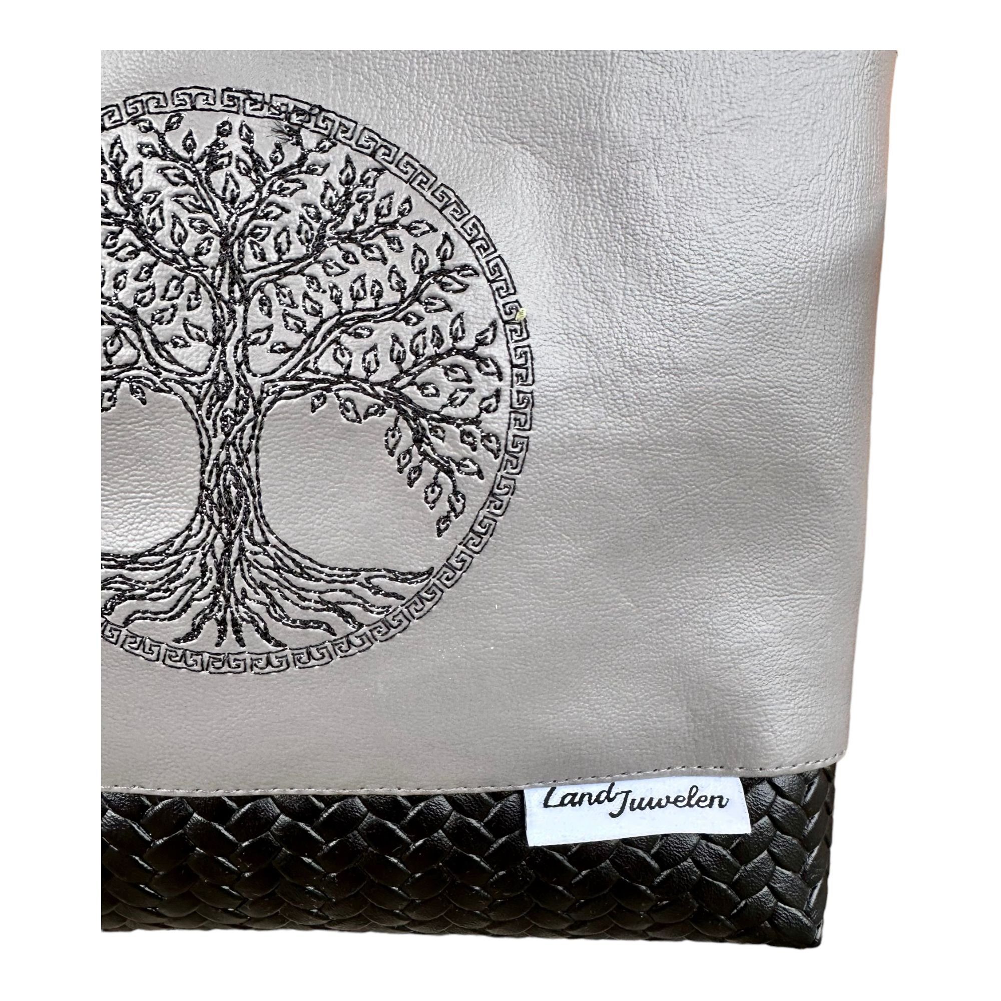 Land-Juwelen Schultertasche Bestickte Schultertasche Lebensbaum schwarz grau