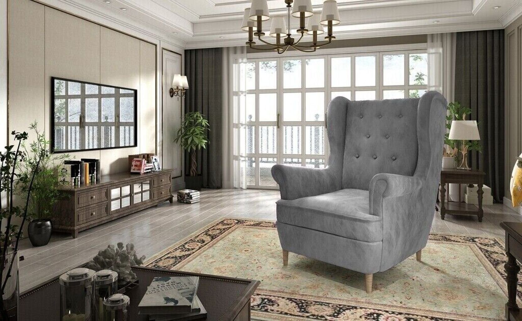 Ohrensessel Lounge Sessel Möbel Fernseh Sofa Polster Club Stuhl Holz Grau Sofort