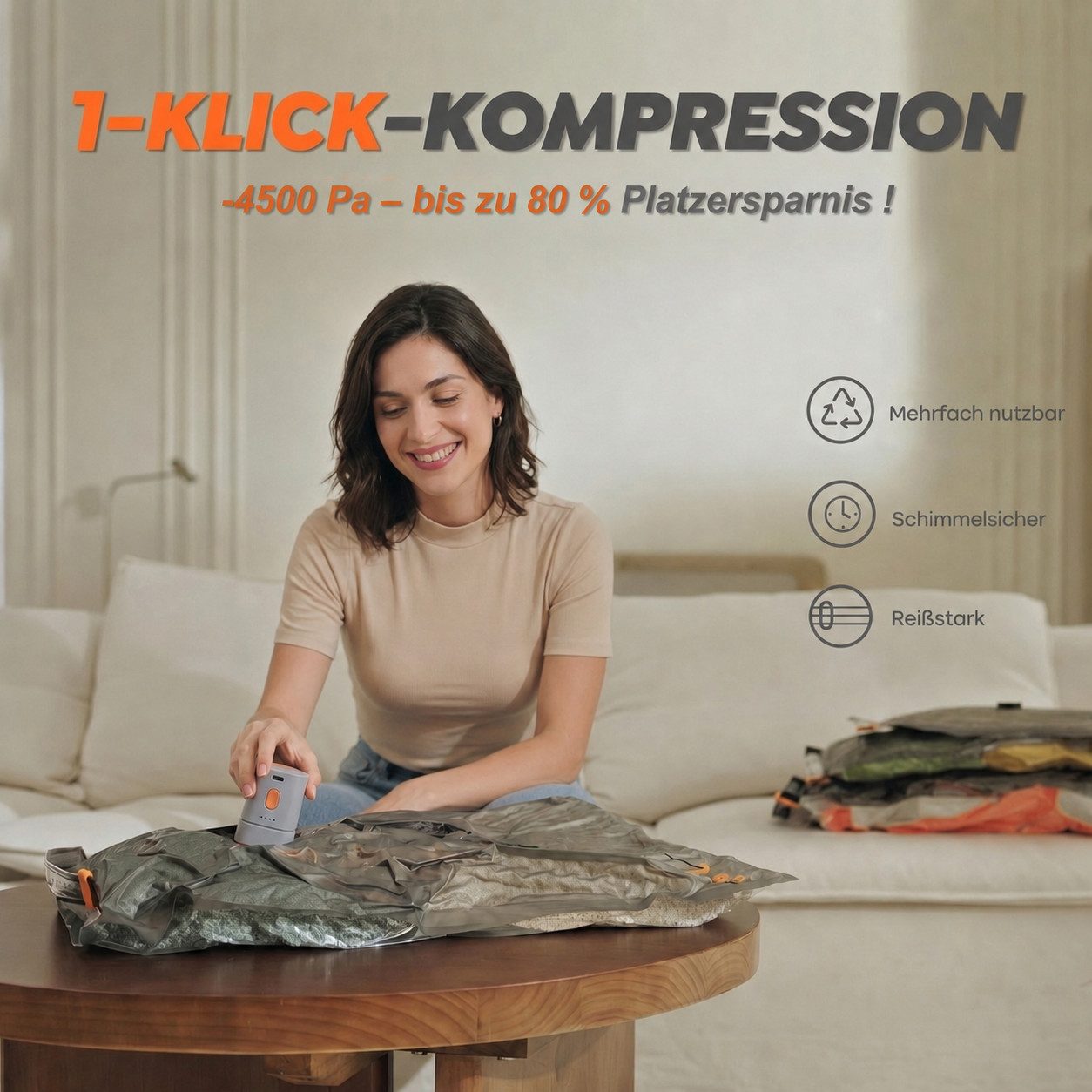 Futicare Kofferorganizer Set mit kabelloser Akku-Vakuumpumpe (20-tlg., Vakuumbeutel in 3 Größen für Reise, Kleiderschrank & Aufbewahrung) – Bild 4 von 5