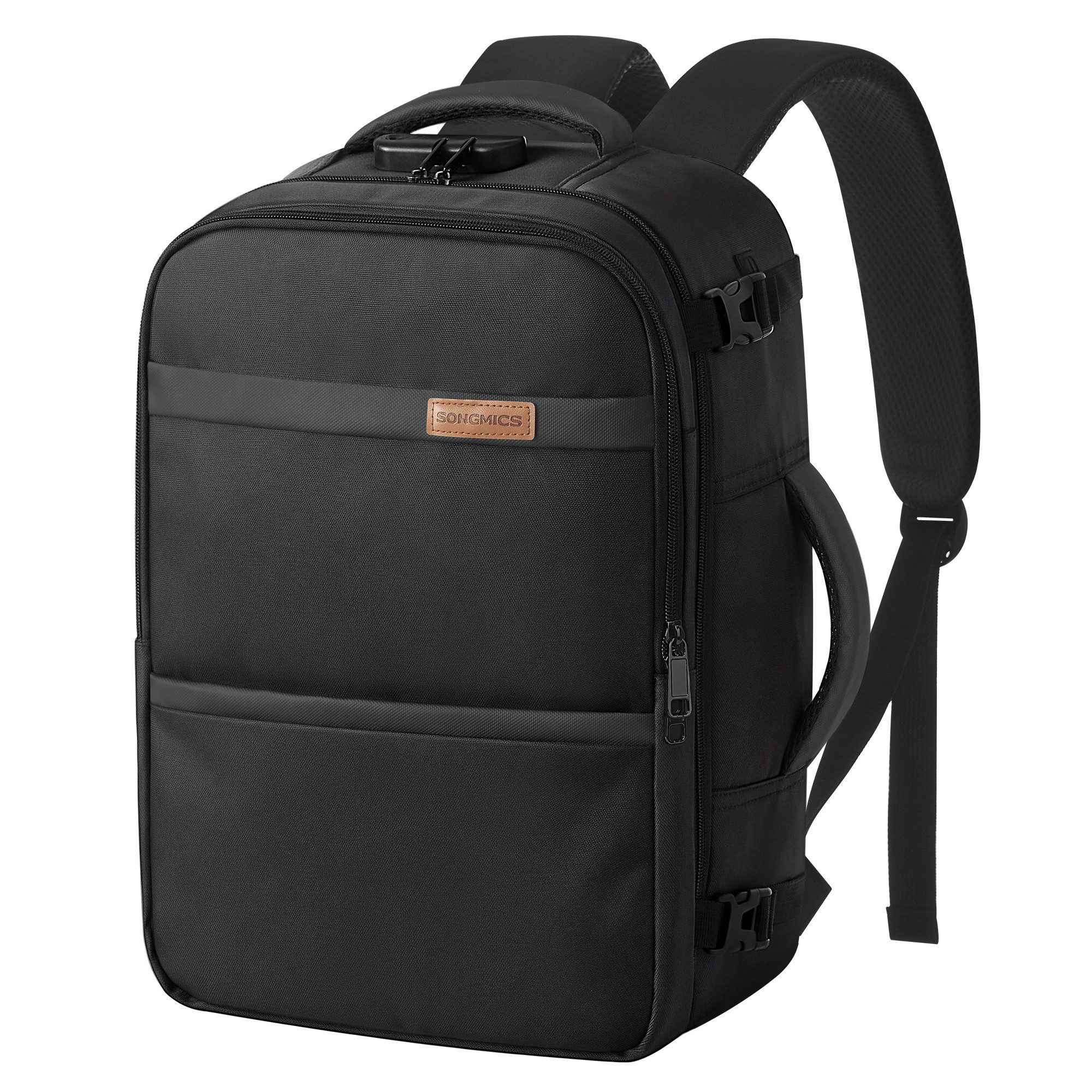 SONGMICS Reiserucksack Zahlenschloss, wasserabweisend, Laptoprucksack, Handgepäckrucksack für Flugreisen, mit Nassfach, 180° aufklappbar