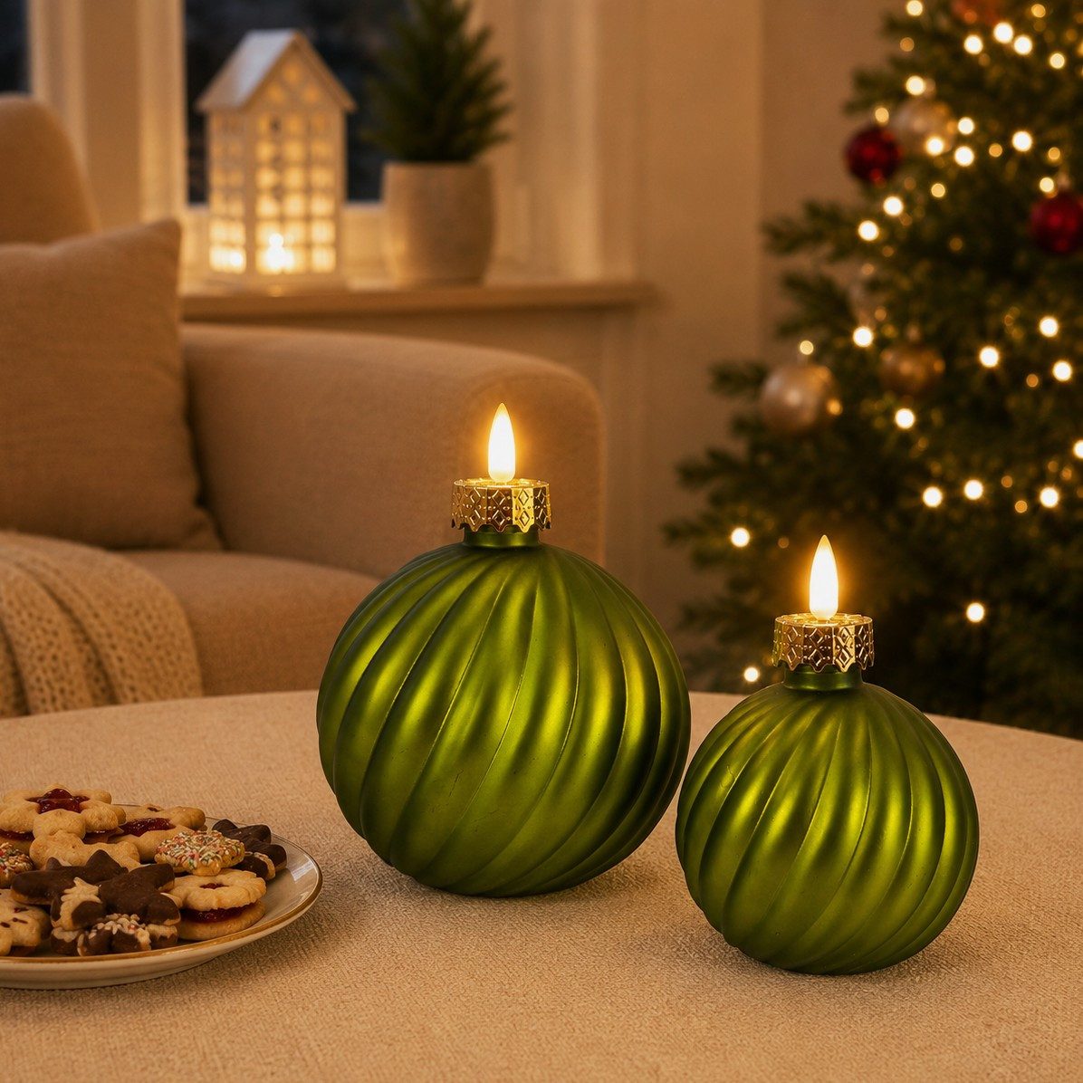 Online-Fuchs LED-Kerze in edler Weihnachtskugelform mit Timer in hellem Grün - Weihnachtsdeko, realistische Kerzenflamme, warmweiße Beleuchtung, gefertigt aus stabilem Glas mit festlicher Eleganz