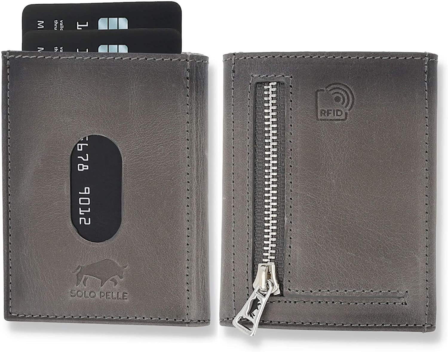 Riga echt Münzfach Slimwallet Pelle [RFID-Schutz], Wallet Macde Steingrau Slim Solo in Leder, Schutz, RFID mit Europe [12 Karten] Brieftasche
