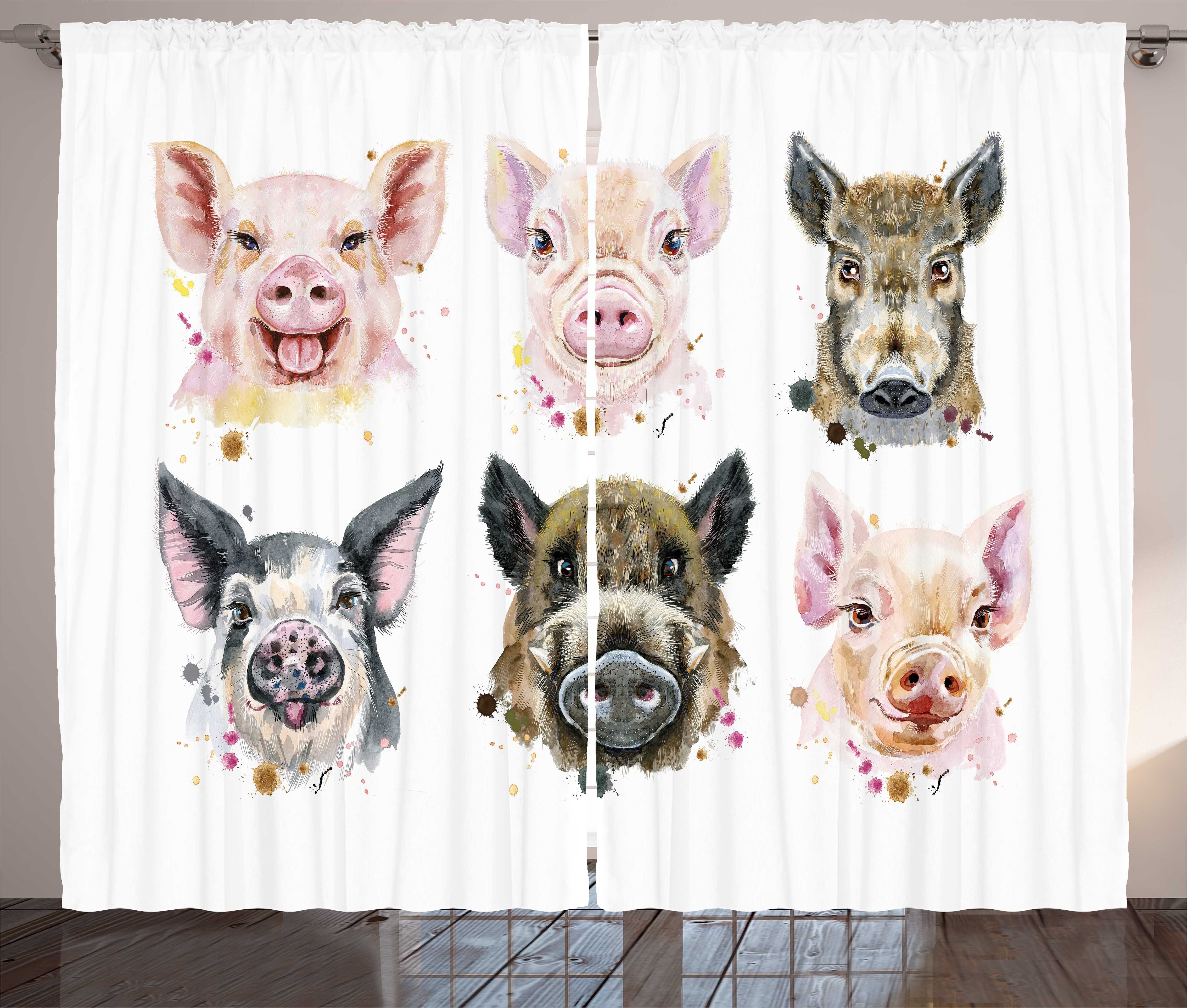 Abakuhaus, Gardine Bauernhoftier Vorhang mit Schweinerassen und Schlaufen Haken, Schlafzimmer Kräuselband
