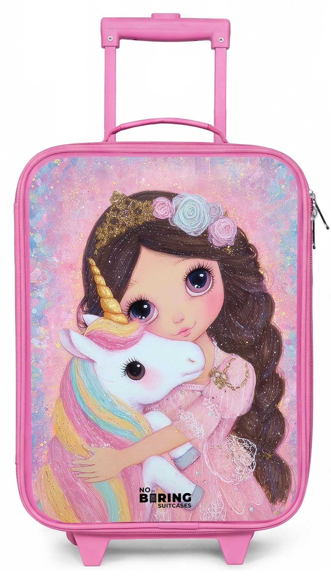 NoBoringSuitcases.com© Kinderkoffer Rosa - mit leuchtende Räder - Mädchen - Einhorn - Glitzer, 2 Rollen, Handgepäck-Koffer, Kinderkoffer, Reisekoffer Mädchen