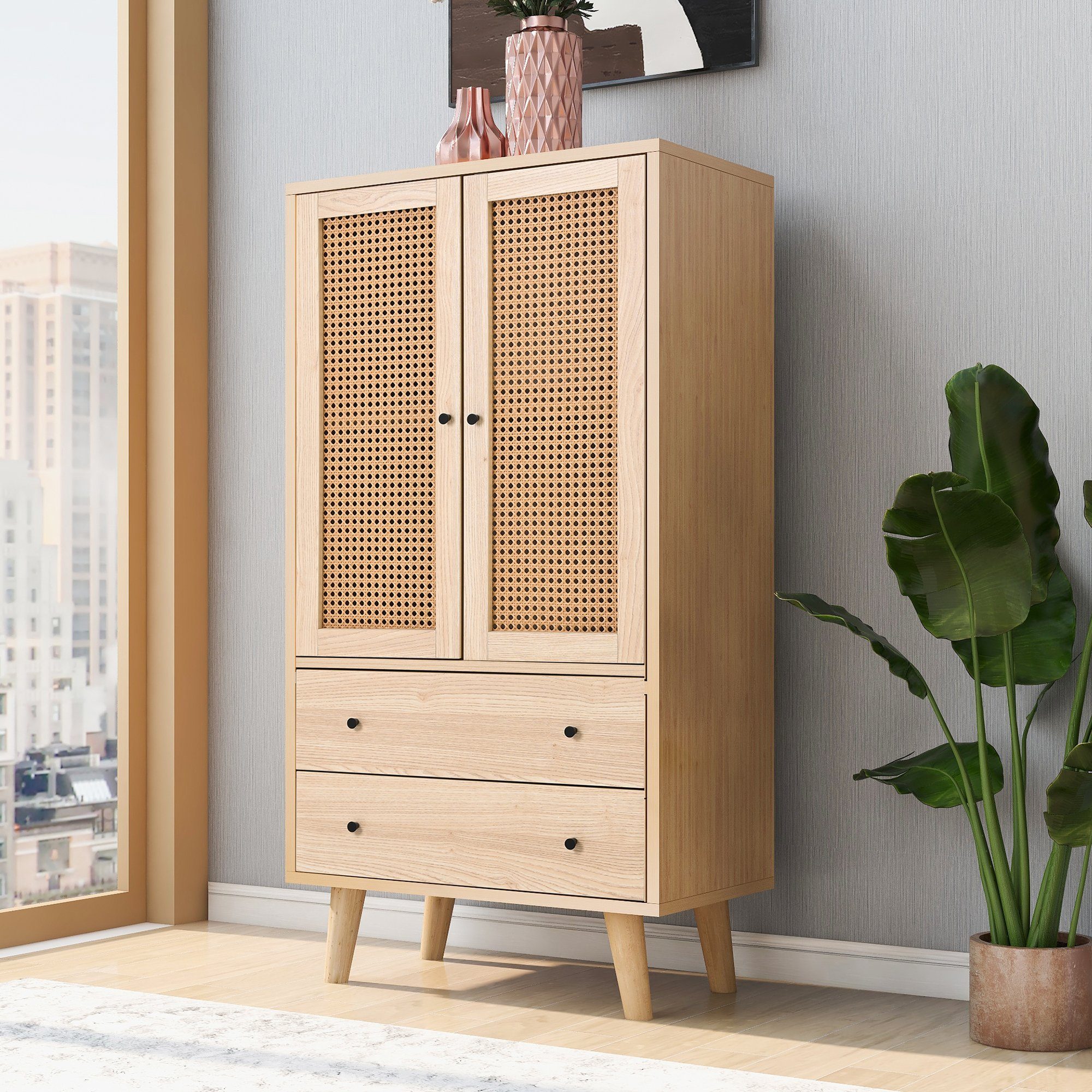 2 Flieks Sideboard Kommode, mit Schubladen 2 Rattan Türen und 60x40x120cm