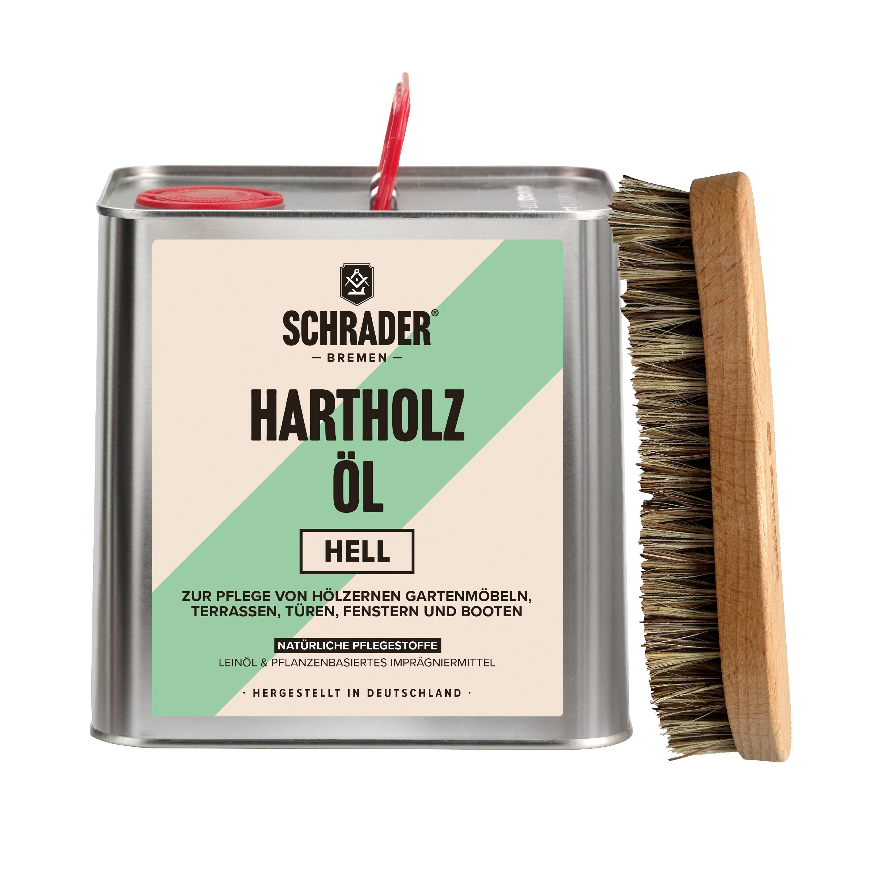 Made - Schmutzbürste Hartholzöl und Teaköl - Pflegeset 2-teilig - mit hell 2,5L in Germany -, Schrader Terrassenöl Enthält Hartholzöl -