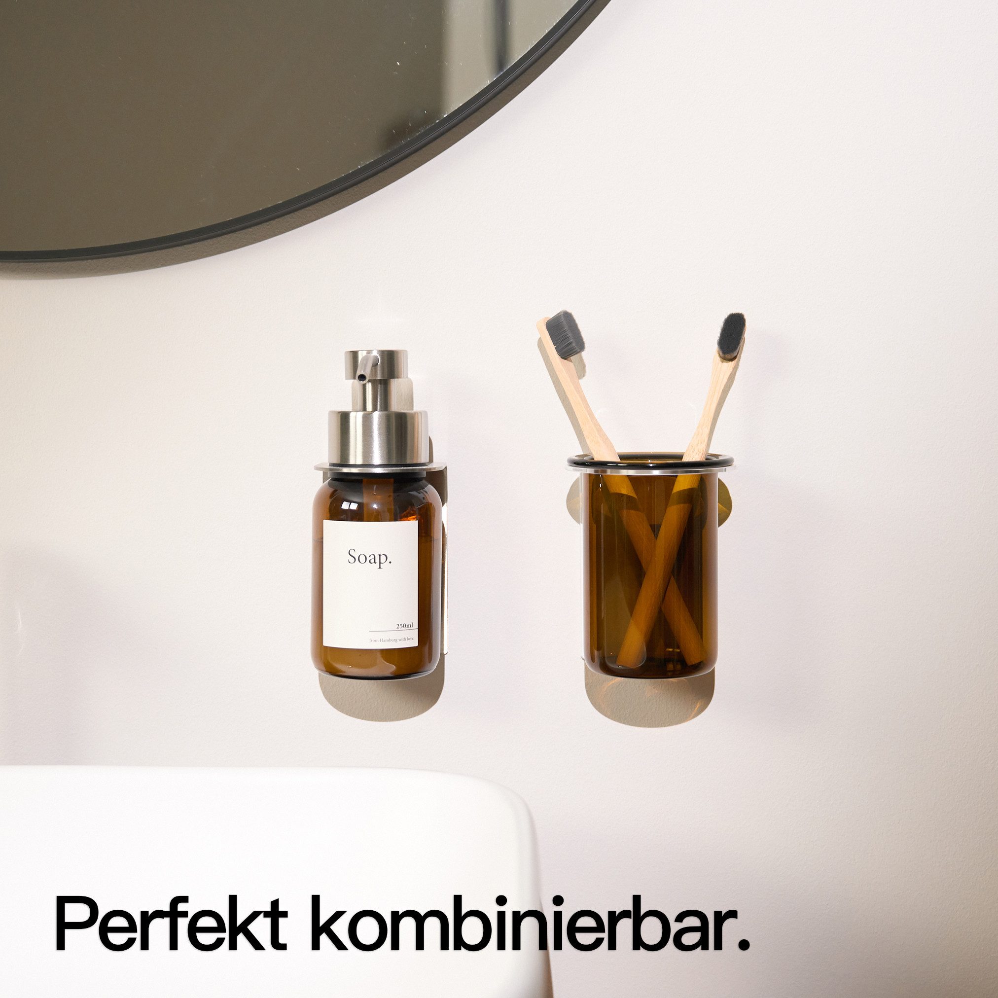 Designfabrik Hamburg Zahnbürstenhalter Glas Wandmontage ohne Bohren, pulverbeschichtet, Glas – Bild 5 von 5