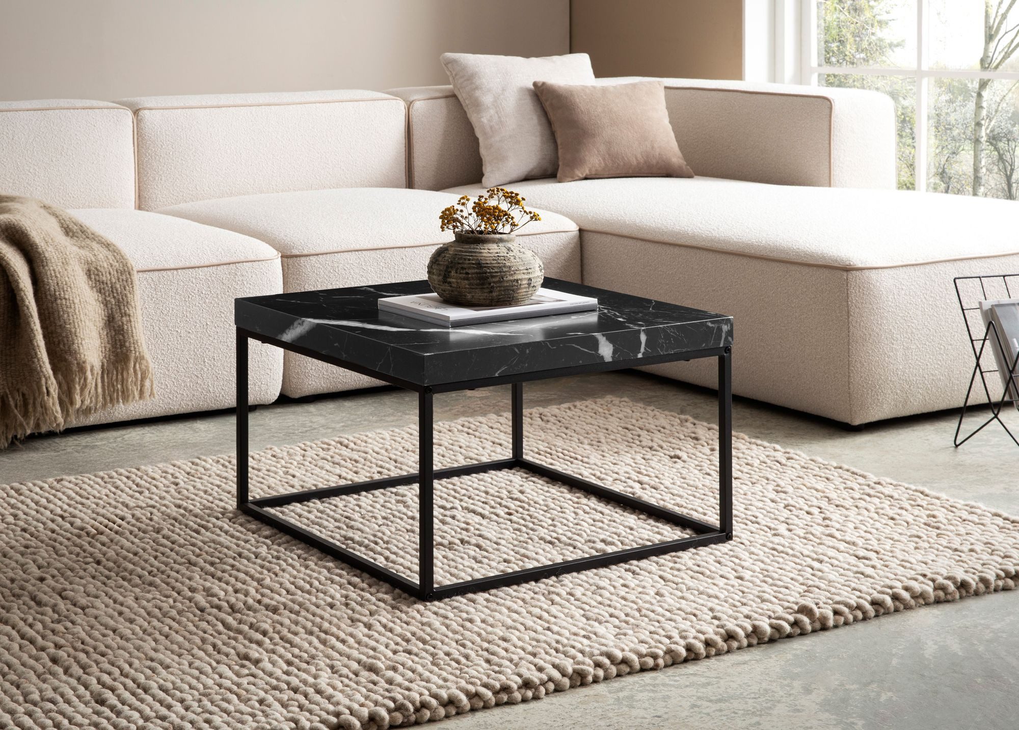 FINEBUY Couchtisch FB59781 Sofatisch 60 cm Wohnzimmertisch Klein Kaffeetisch Modern (Sofatisch Schwarz Modern, Kaffeetisch Quadratisch), 60 cm MDF, Wohnzimmertisch Marmor Optik Klein