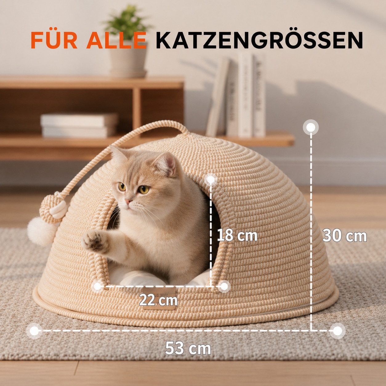 CheerPals Tierbett Formstabile 2-in-1 Katzenhöhle (53cm) aus kratzfestem Garngeflecht, Vliesstoff