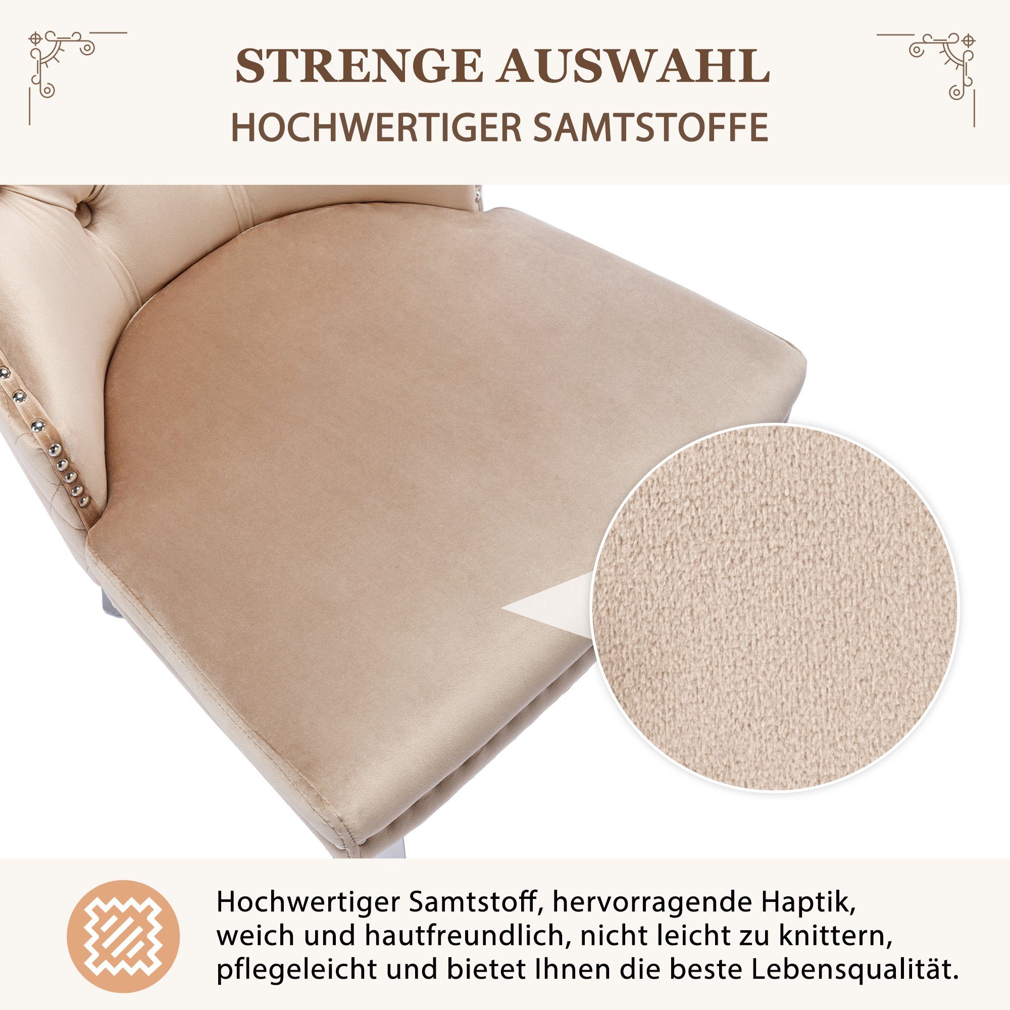Esszimmerstuhl (Polsterstuhl, 6 St), mit Türklopfer, Beine aus Edelstahl, gepolsterte Sitzfläche aus Samt