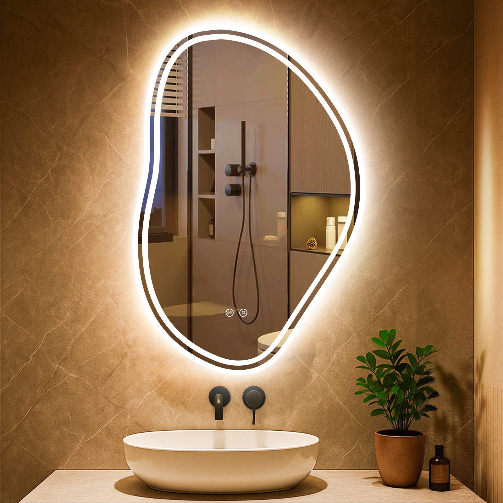PESENXAN Badspiegel Asymmetrischer LED Spiegel 80x53 cm mit Beleuchtung dimmbar (1-St), 3 Lichtfarben, Touch-Schalter, Speicherfunktion fürs Bad