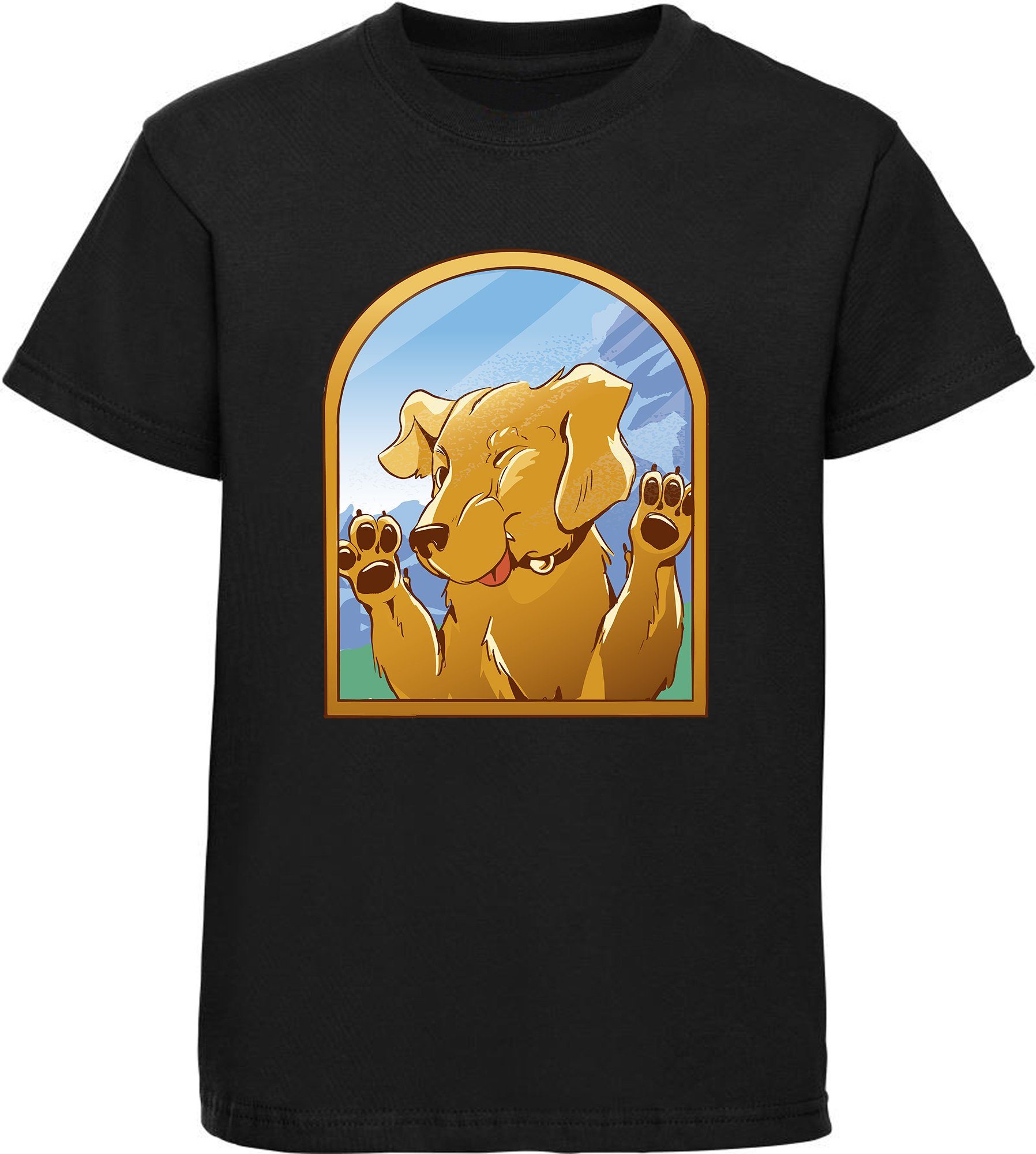 MyDesign24 Print-Shirt bedrucktes Kinder Hunde T-Shirt - Labrador gegen Fenster Baumwollshirt mit Aufdruck, i222 schwarz | T-Shirts