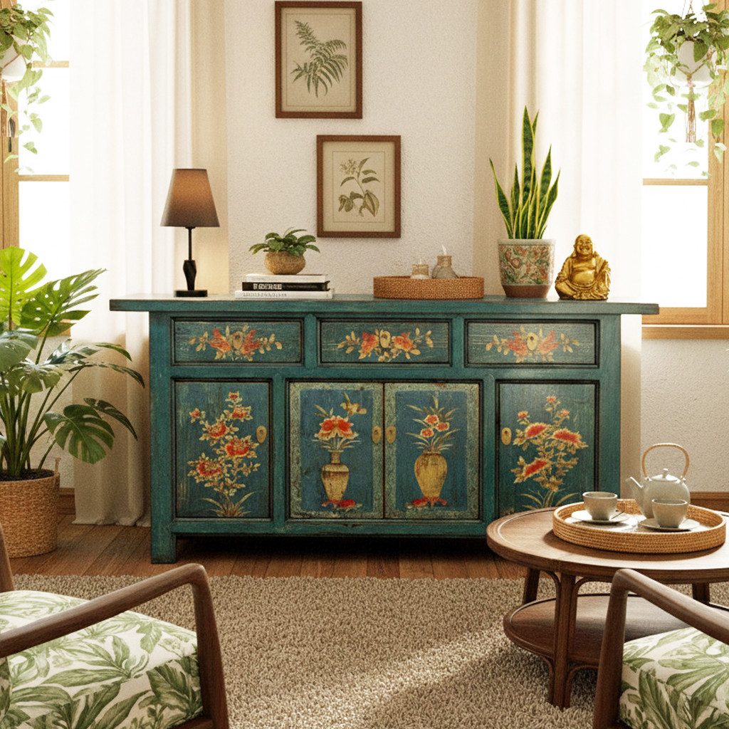 OPIUM OUTLET Kommode Sideboard Schrank Hochzeitsschrank (Asia Wohnzimmer Schlafzimmer, Vintage Möbel Landhaus-Stil aus Holz komplett montiert), chinesisch asiatisch orientalisch fernöstlich