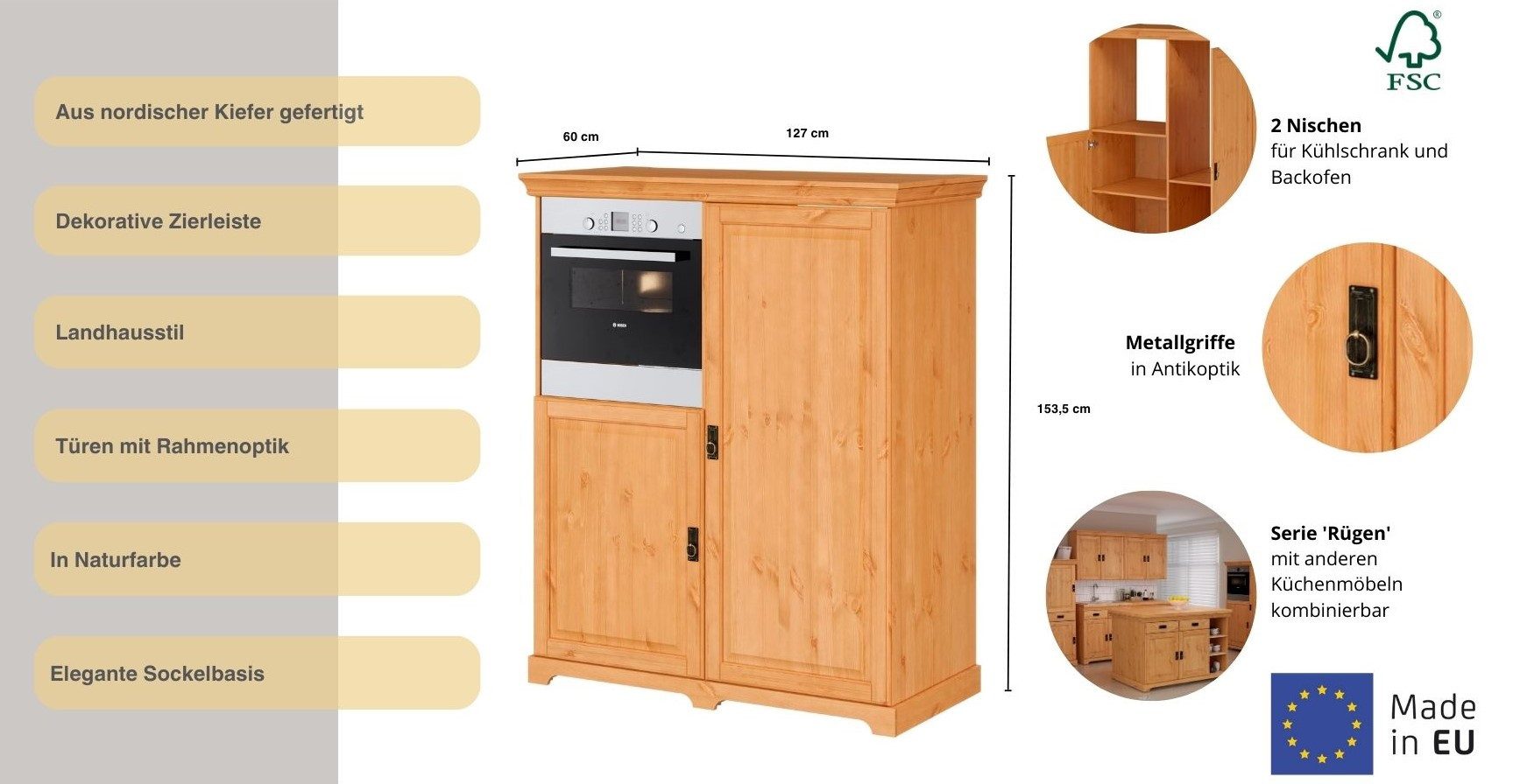 OTTO home Backofen/Kühlumbauschrank Rügen Breite 127 cm, Kiefer massiv, Nische für Kühlschrank