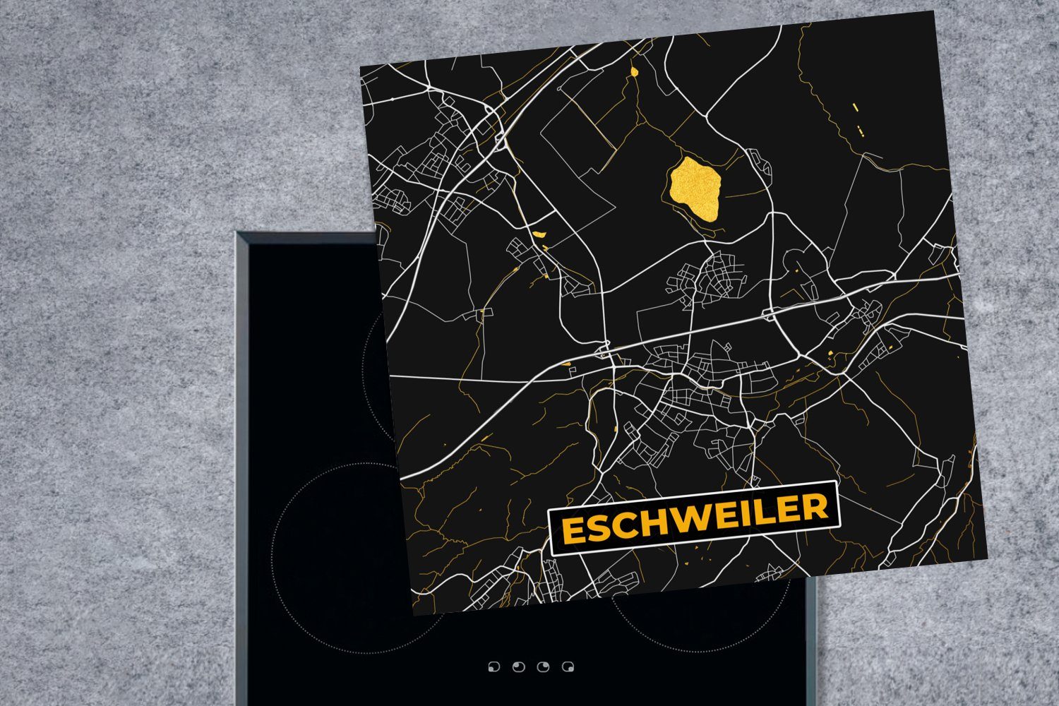 Stadtplan Karte, Ceranfeldabdeckung, Deutschland MuchoWow Arbeitsplatte Vinyl, Herdblende-/Abdeckplatte 78x78 - für - Schwarz Gold - cm, und Eschweiler - tlg), (1 küche