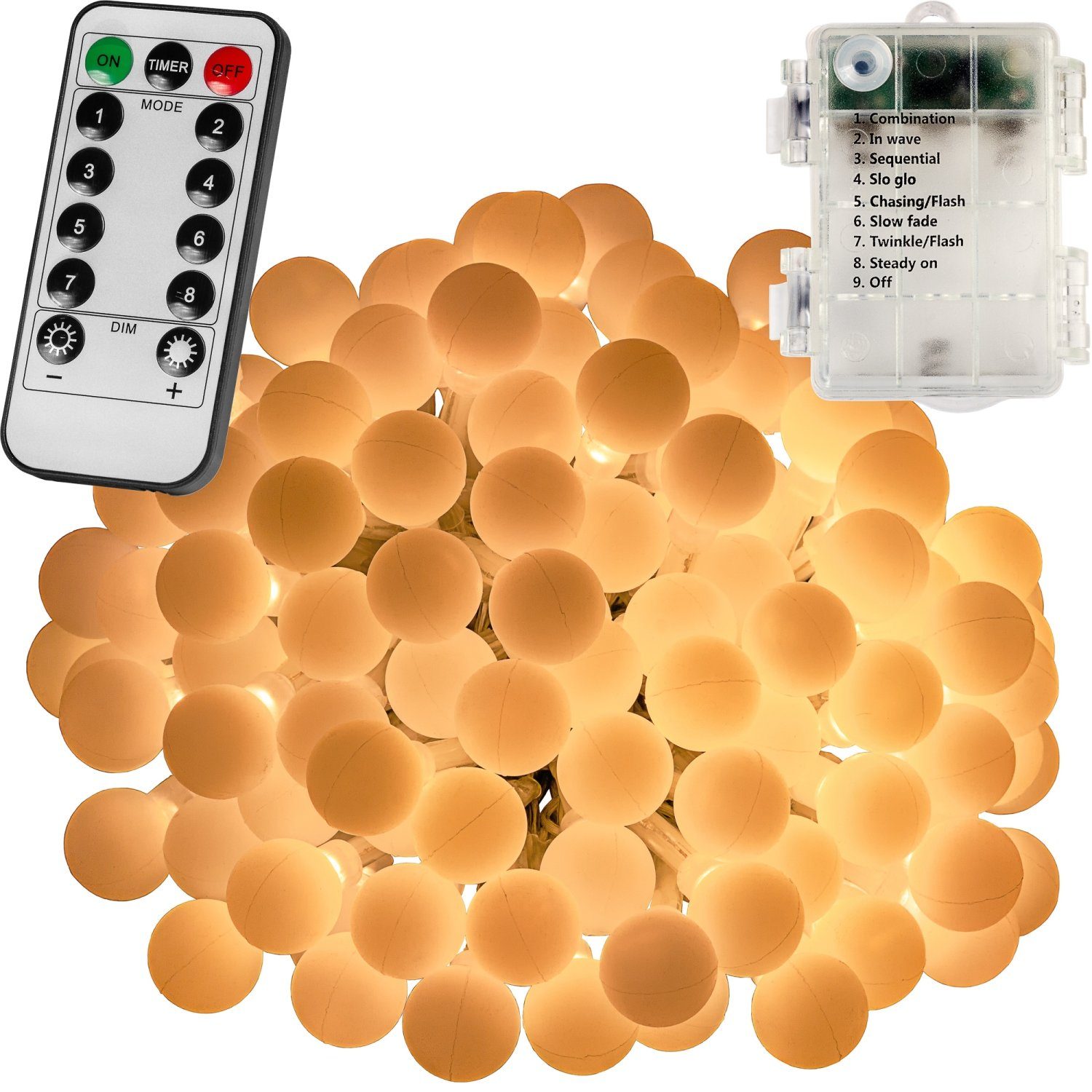 VOLTRONIC LED-Lichterkette »VOLTRONIC® 50 100 200 LED Party Kugel  Lichterkette«, BATTERIEBETRIEBEN, mit Timer, 8 Programme, Fernbedienung,  für innen und außen, warmweiß/kaltweiß/bunt, IP44, Outdoor