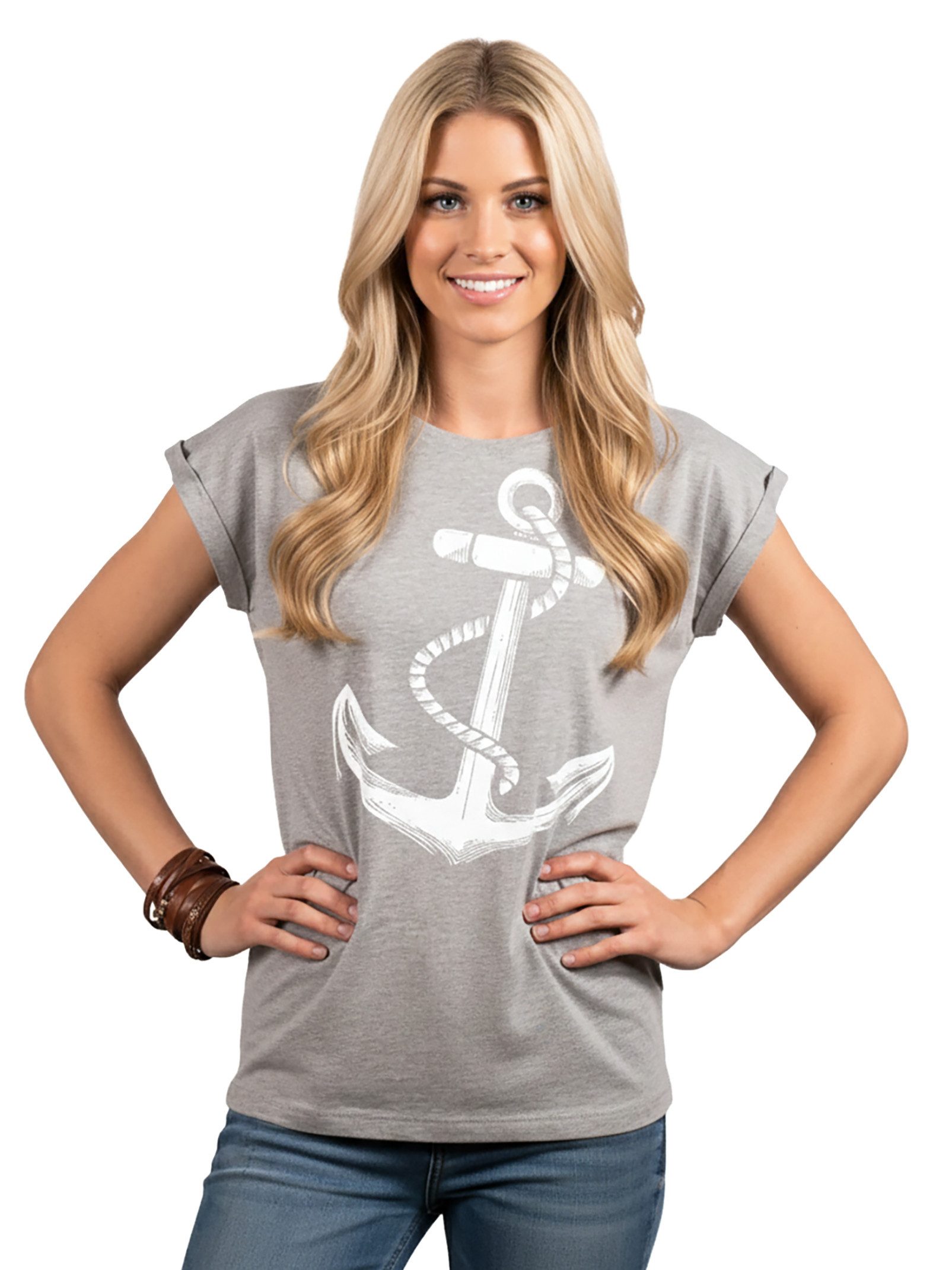 MAKAYA Print-Shirt Damen Anker Motiv Sommer Top Maritime Frauen Oberteile Tunika (Kurzarm, Rundhals, blau, grau, rosa, schwarz) aus Baumwolle
