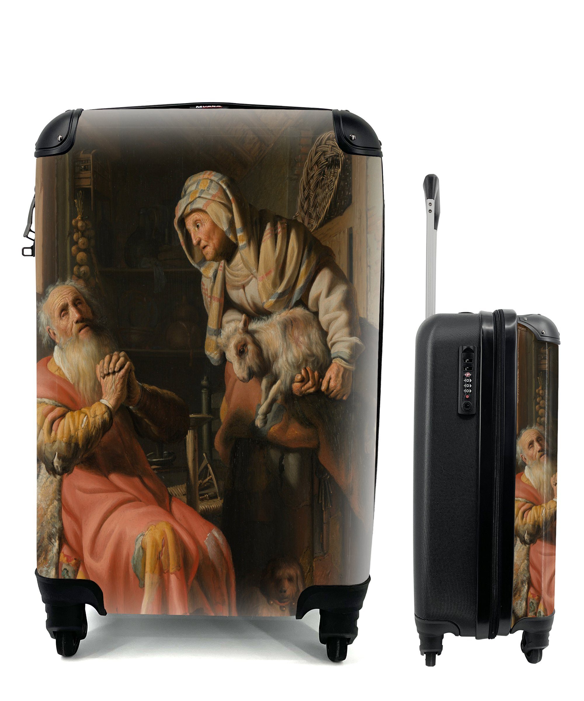 MuchoWow Handgepäckkoffer Tobit und Anna mit der Ziege - Rembrandt van Rijn, 4 Rollen, Reisetasche mit rollen, Handgepäck für Ferien, Trolley, Reisekoffer