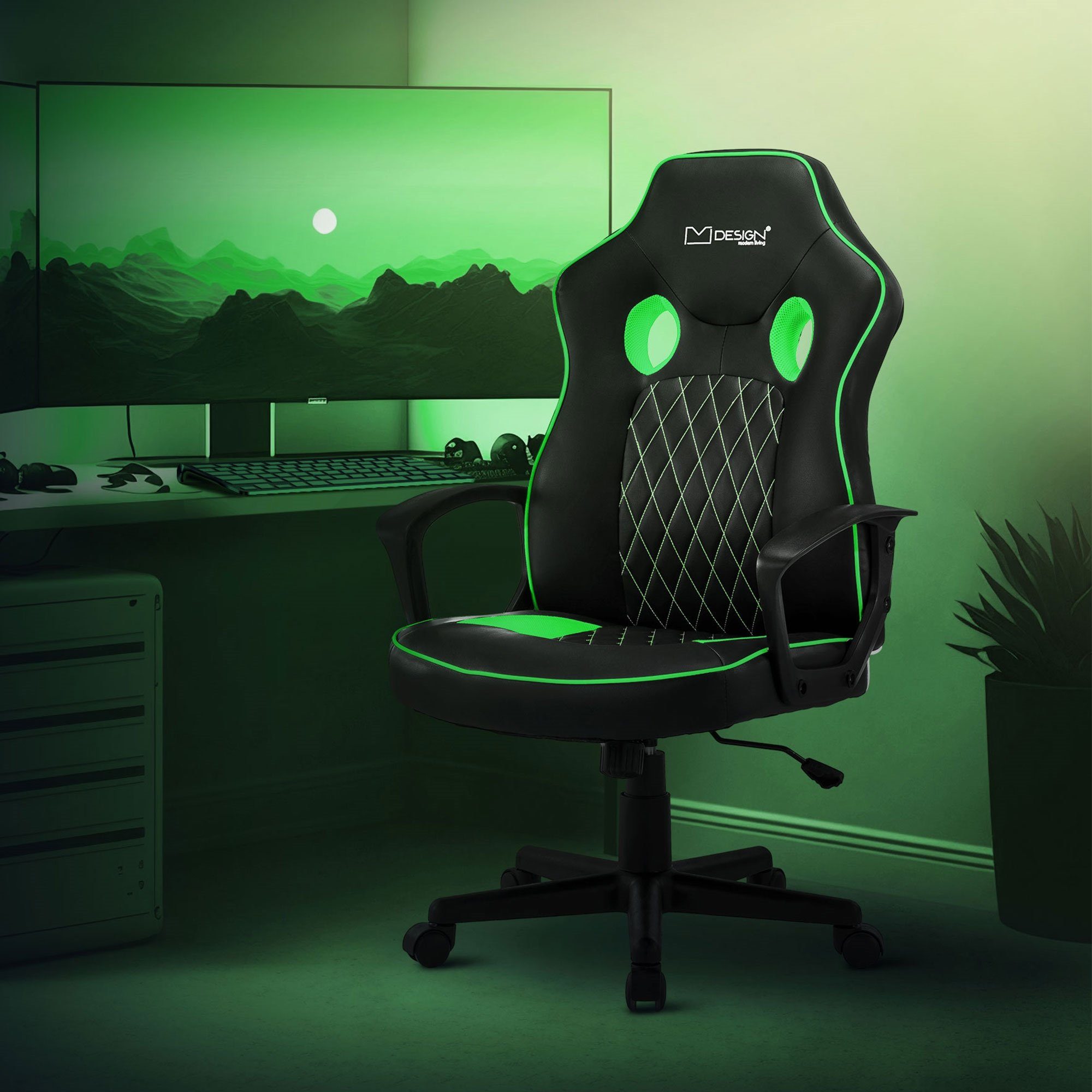 ML-DESIGN Gaming-Stuhl Bürostuhl mit Wippfunktion Kunstleder höhenverstellbar mit Armlehne, Verstellbar Drehstuhl Schwarz-Grün ergonomisch 63,5x56x115cm