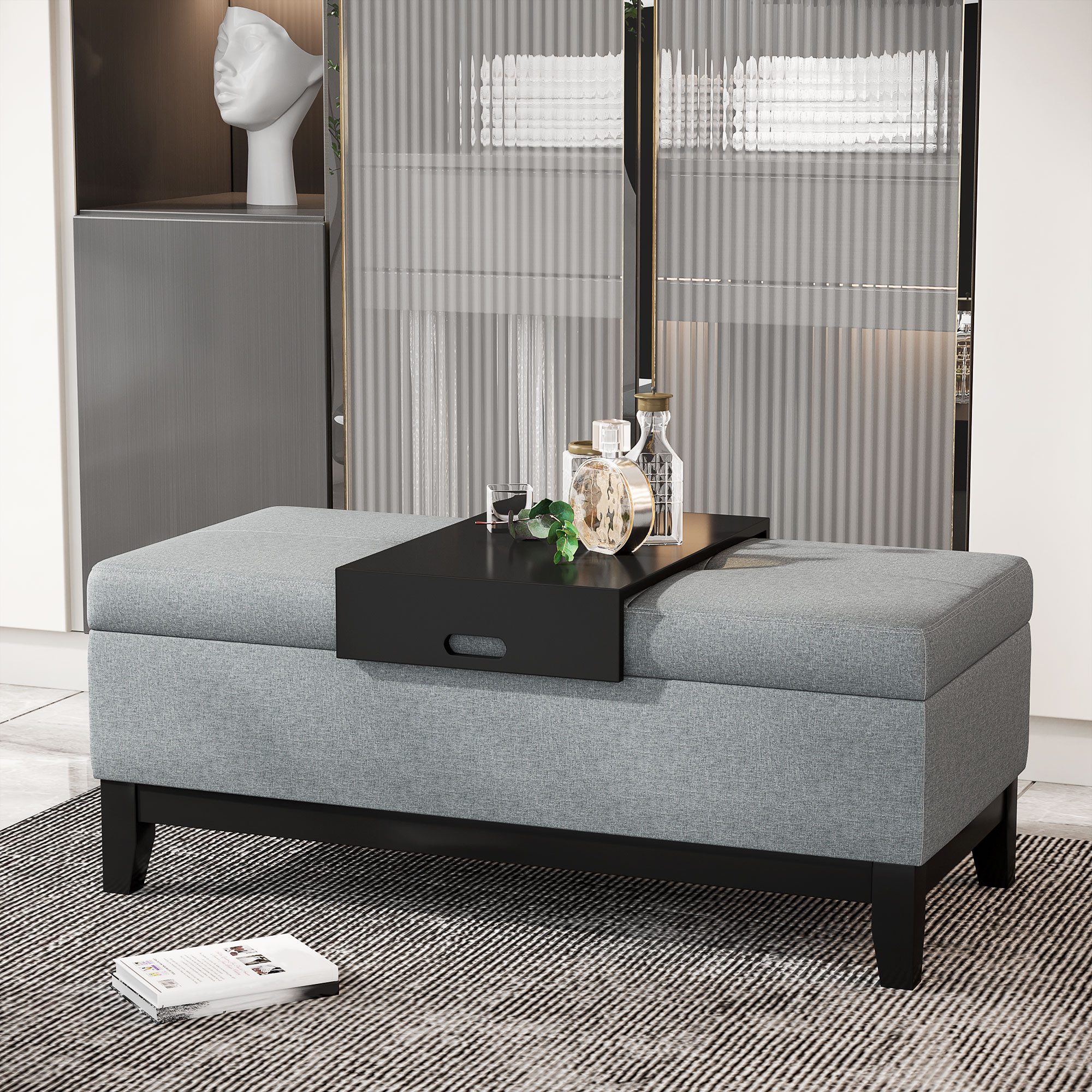 HOMCOM Sitzbank Polsterbank mit Stauraum (Aufbewahrungsbank, 1-St., Lagerbank), Birkenholz Dunkelgrau+Schwarz 107 x 50 x 44 cm