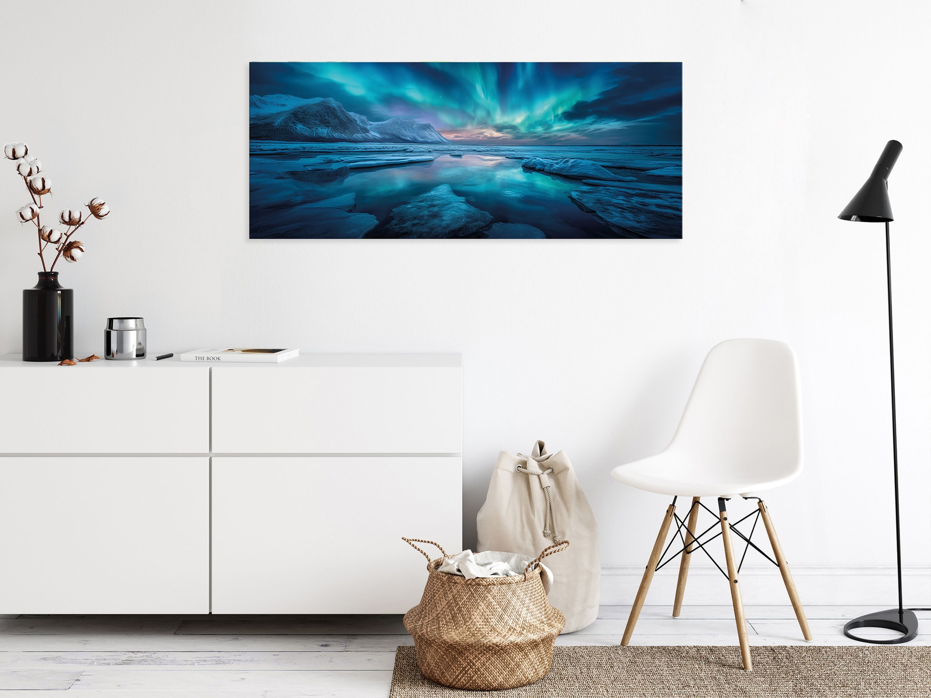artissimo Glasbild XXL Bild aus Glas 125x50 cm / Panorama Wandbild groß / Wanddeko modern, Landschaft: Polarlichter über Eislandschaft in Blau und Türkis