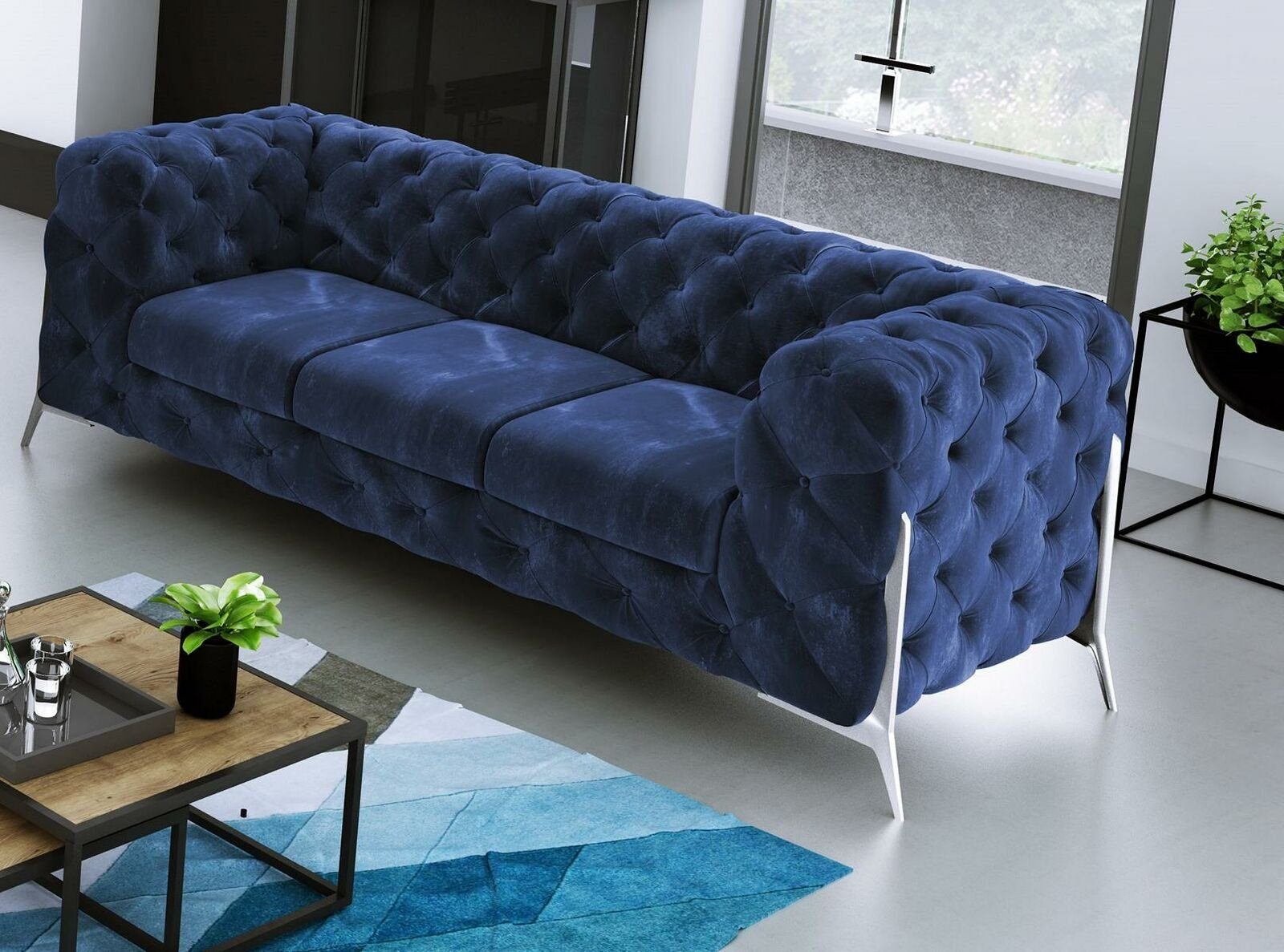 JVmoebel Sofa Europe Polster Dreisitzer Moderner Luxus Neu, in Blau Brauner Chesterfield Made Couch