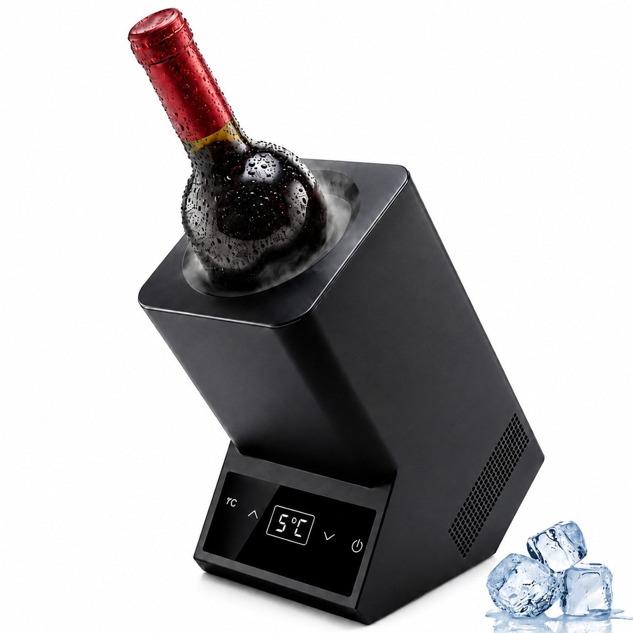Rebonique Elektrischer Weinkühler 1 Flasche, 5–18 °C, 750 ml, eisfrei, Touch-Bedienung & LED, 19 cm Innenraumtiefe, 9,2 cm Ø, 25,6 × 25,3 × 12,8 cm