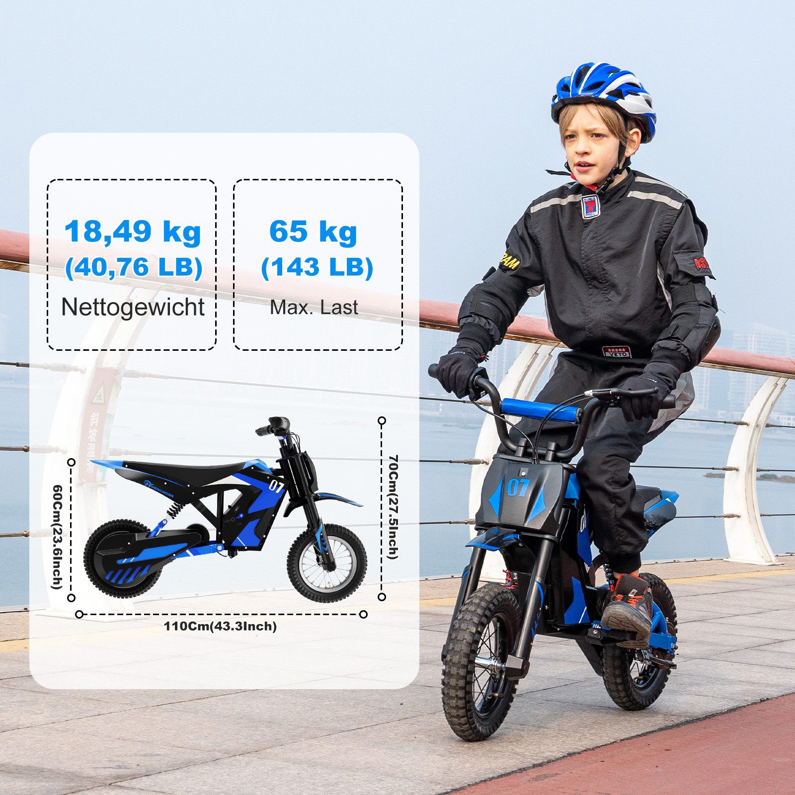 EVERCROSS TECH Elektro-Kindermotorrad EV12M, 8/12/25 KMH, 12 Zoll Luftreifen, 300W, 36V 5,2AH, 6-12 Jahre, Reichweite 15 km, Belastbarkeit 65 kg