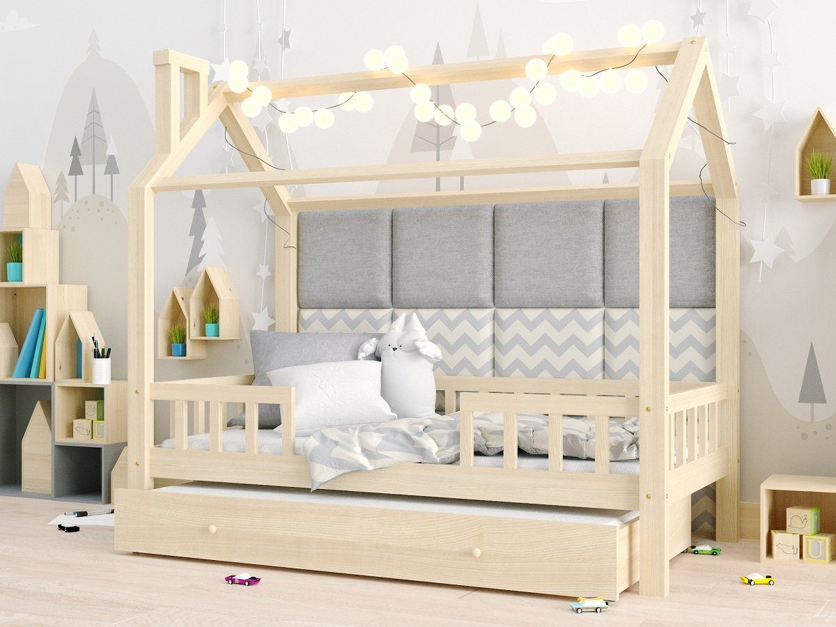 Deine Möbel 24 Hausbett Kinderbett für 2 Kinder ROSI 120x200 Weiss Grau Kiefer (inkl Schutzgitter Rausfallschutz Matratzen optional), aus Massivholz, Vollholz, massiv, Bett für 2 Kinder, inkl. Lattenrost | Abenteuerbetten