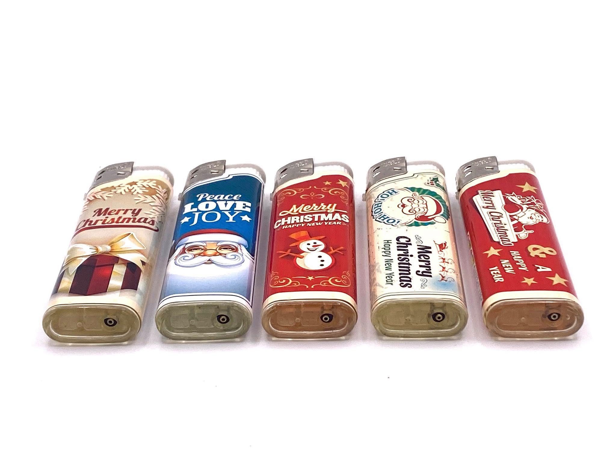 meytrade Feuerzeug vintage, retro Design für Weihnachten & Adventszeit 5 Stück im Set, merry Christmas vintage Feuerzeuge im 5er Set