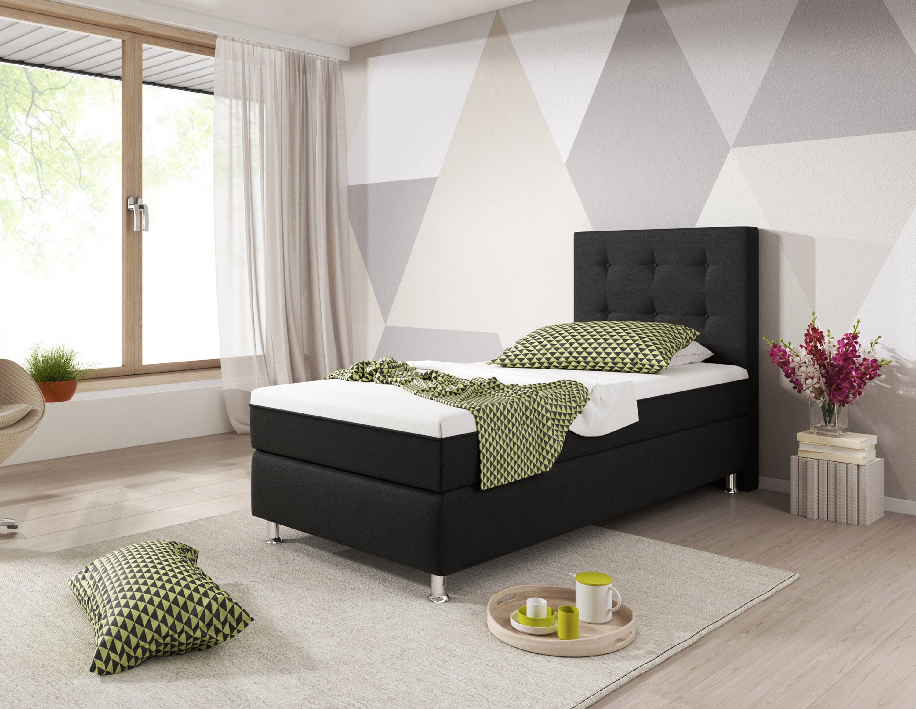 inter Boxspringbett Köln Plus Webstoff mit 7 Zonen Taschenfederkern und Topper-Optik (90x200 cm, Schwarz inkl. Matratze mit Topper-Optik)