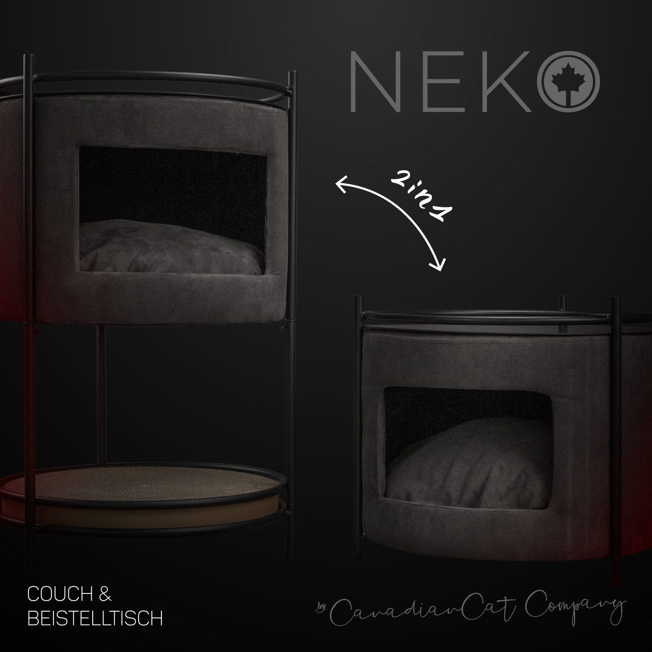 Canadian Cat Company Tierbett Katzenhöhle NEKO Beistelltisch inkl. Kratzpappe, Anthrazit, Katzenbett, Katzenmöbel, 43 x 43 x 70 cm