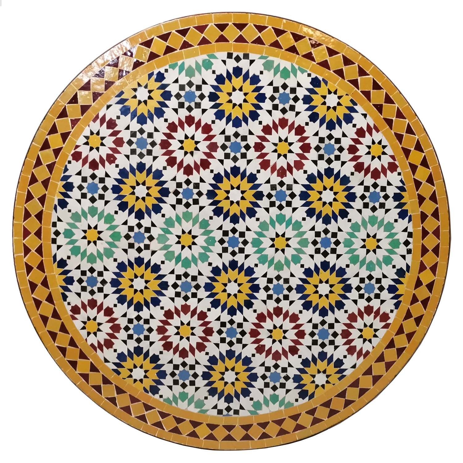 Casa Moro Gartentisch Marokkanischer Mosaiktisch D90 cm Ankabut Gelb rund mit Schmiedeeisen (Gestell H 73cm Mediterraner Gartentisch, Mosaik Esstisch Balkontisch MT2220), Kunsthandwerk aus Marokko
